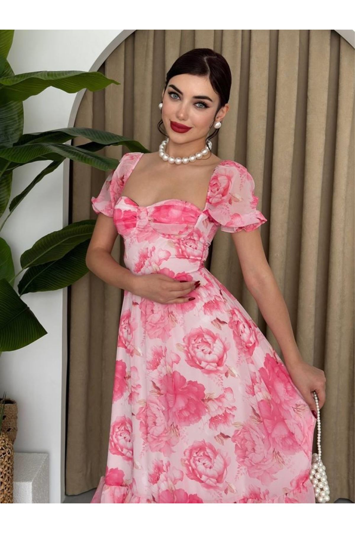 ŞİFON KUMAŞ DİJİTAL DESEN BASKILI ELBİSE