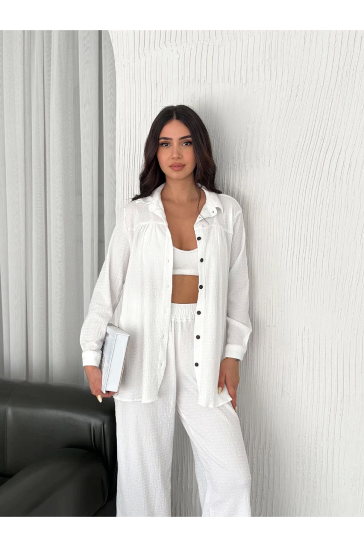 Yakalı Düğmeli Uzun Kollu Gömlek Pantolon Ikili Takım - Beyaz