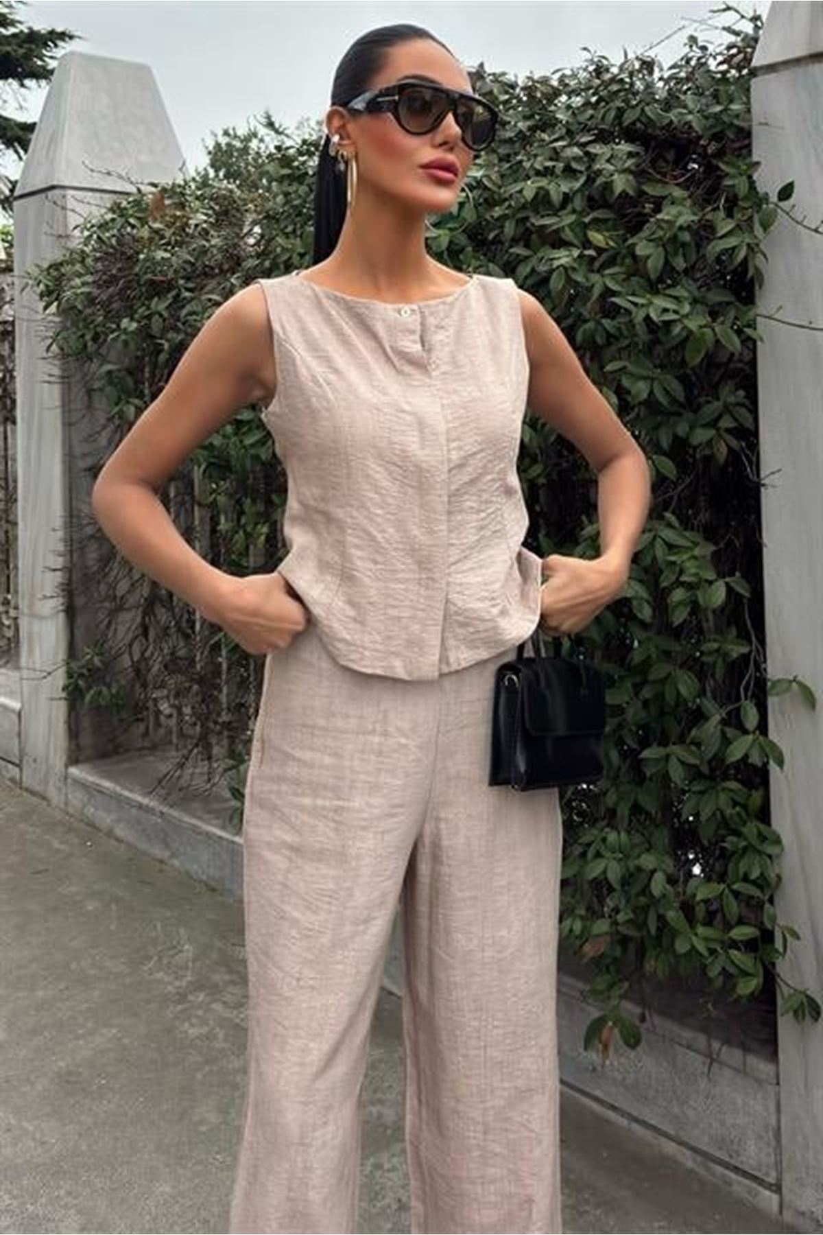 Sıfır Kollu Bluz Batik Desenli Pantolon İkili Takım 10181-08