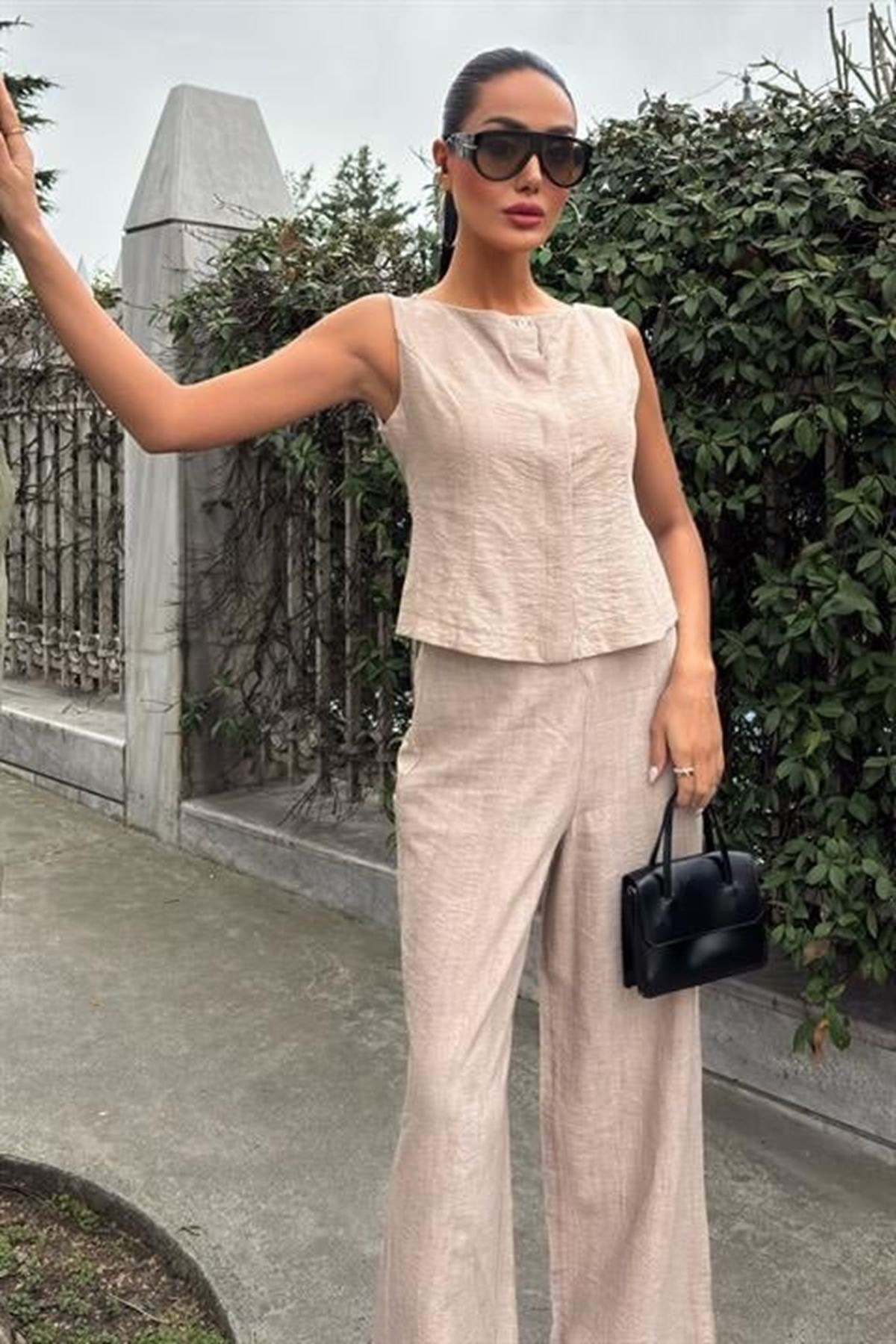 Sıfır Kollu Bluz Batik Desenli Pantolon İkili Takım 10181-08