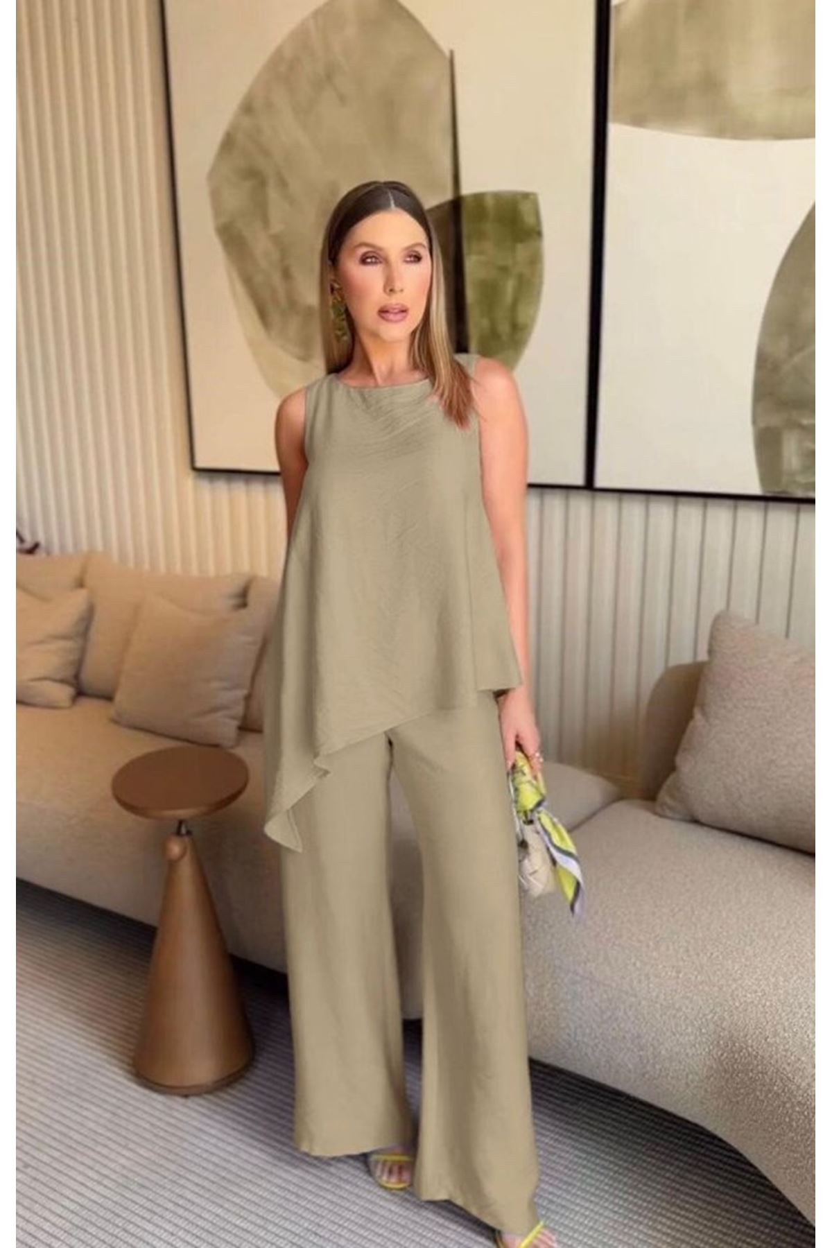 Asimetrik Bluz - Pantolon İkili Takım