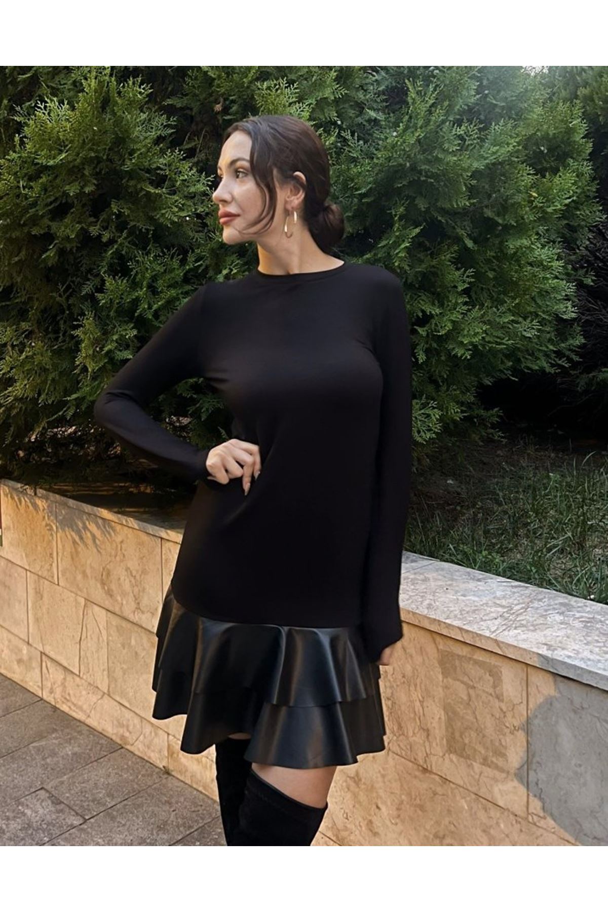 Kadın Uzun Kollu Bisiklet Yaka üst Viskon Etek Ucu Deri Kısa Elbise