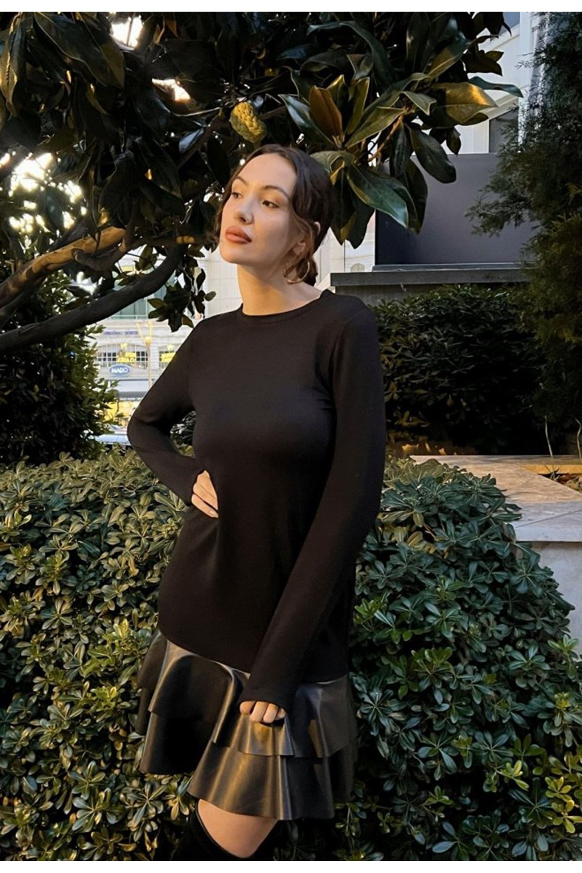 Kadın Uzun Kollu Bisiklet Yaka üst Viskon Etek Ucu Deri Kısa Elbise