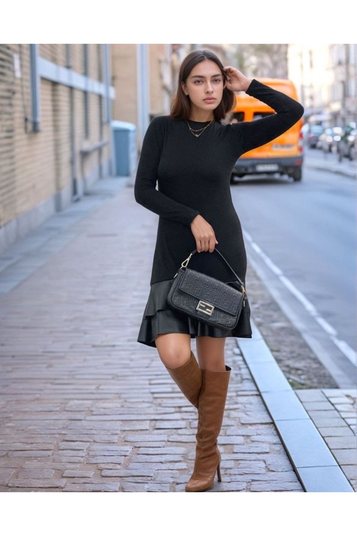 Kadın Uzun Kollu Bisiklet Yaka üst Viskon Etek Ucu Deri Kısa Elbise