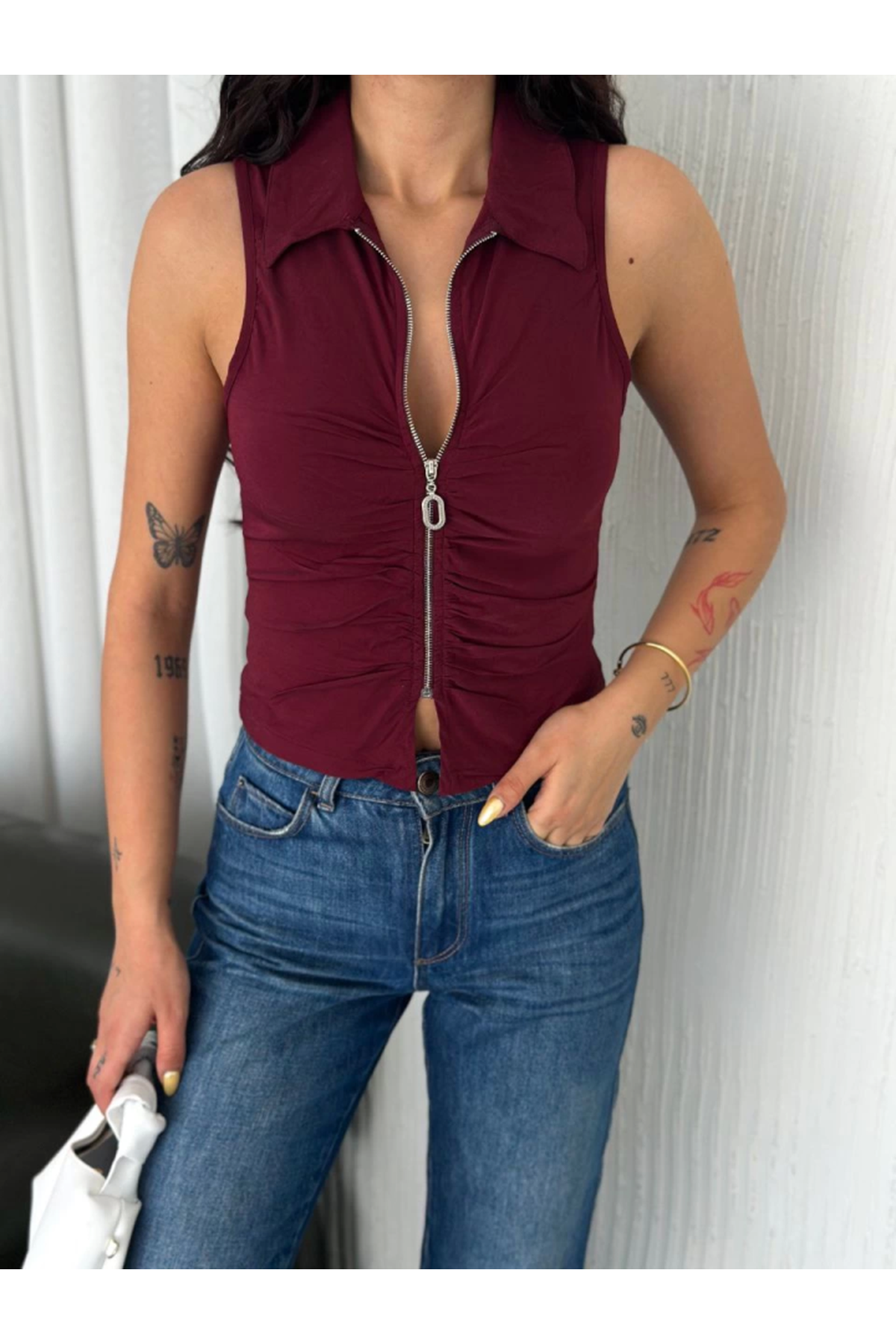 Yakalı Tam Fermuarlı Kolsuz Bluz - Bordo