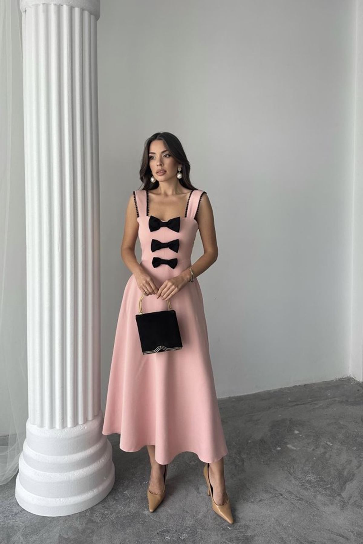 Pudra Fiyonk Garnili Dantelli Elbise