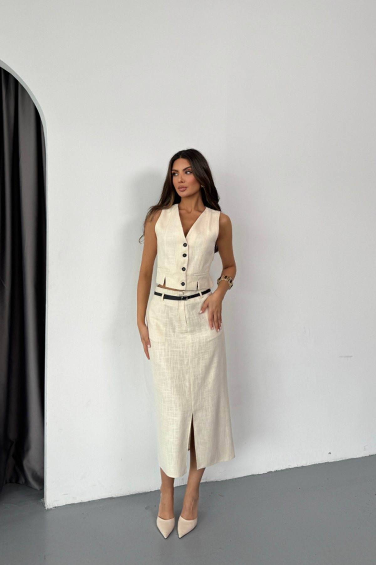 YELEK-ÖNDEN YIRTMAÇLI ETEK TK ŞANTUK KETEN - Ham