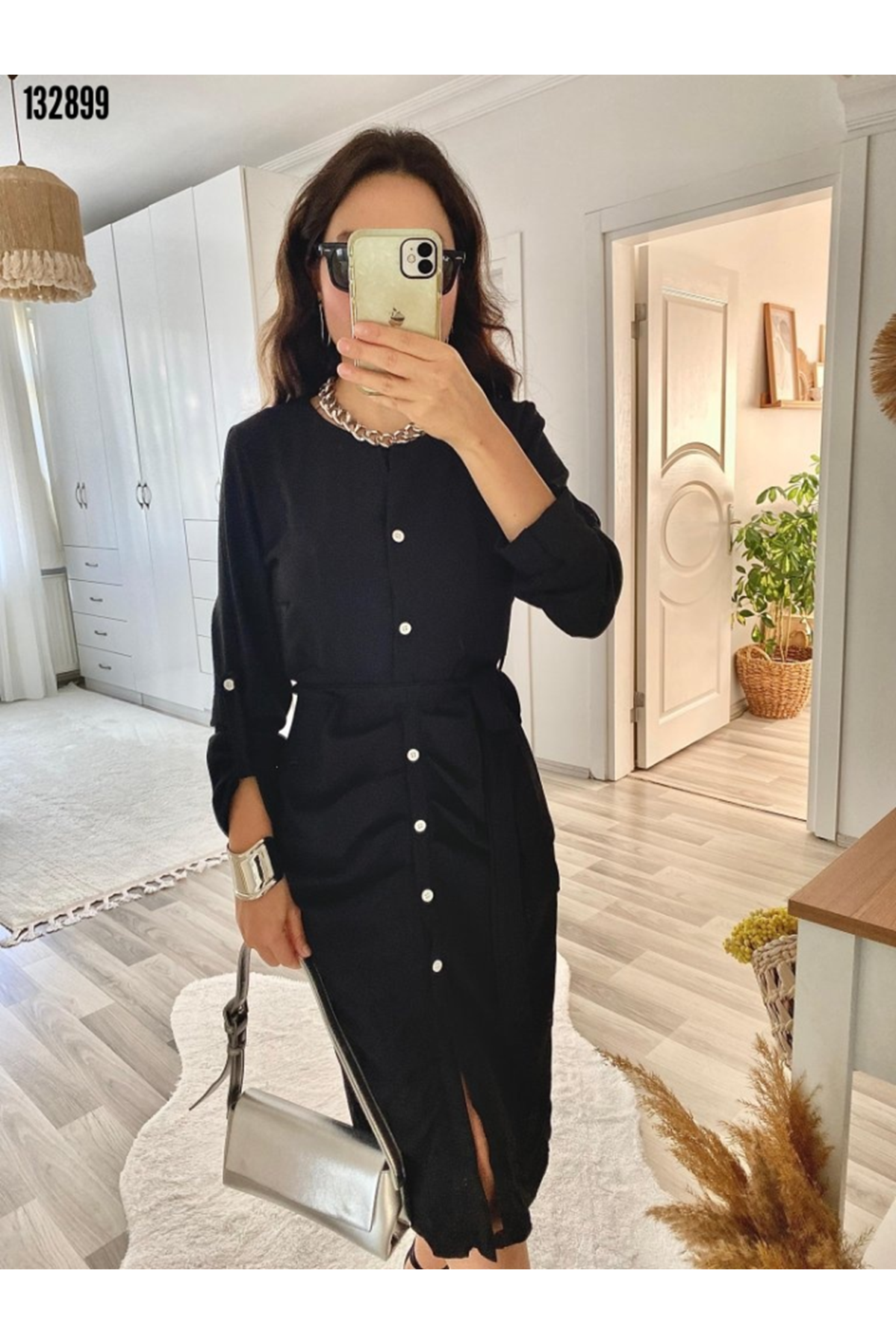 Kadın Uzun Kollu önden Düğmeli Beli Kuşaklı Aerobin Midi Elbise