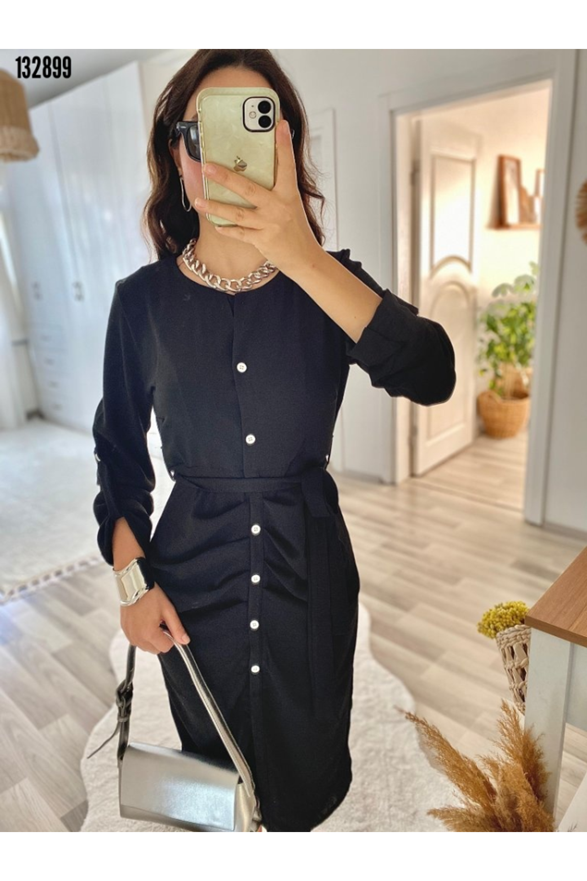 Kadın Uzun Kollu önden Düğmeli Beli Kuşaklı Aerobin Midi Elbise