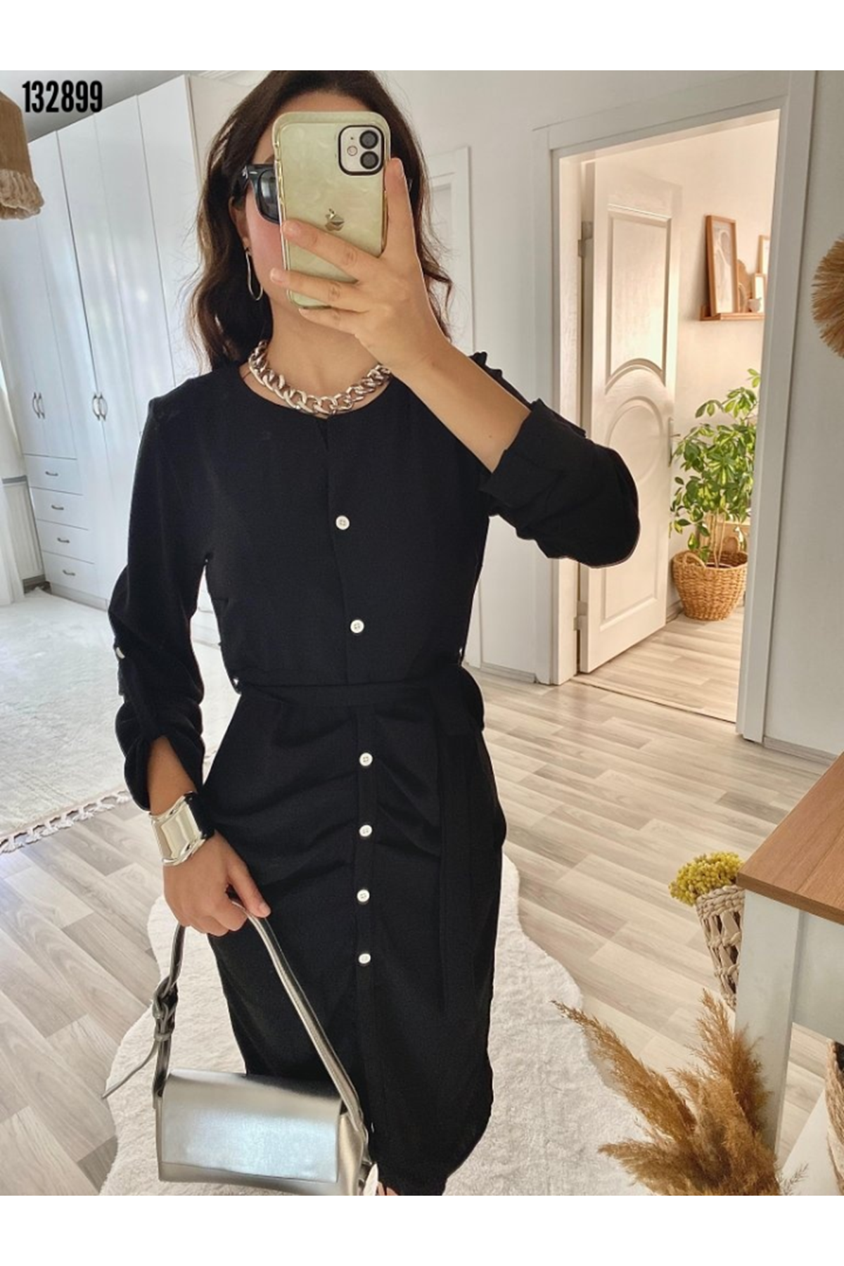 Kadın Uzun Kollu önden Düğmeli Beli Kuşaklı Aerobin Midi Elbise