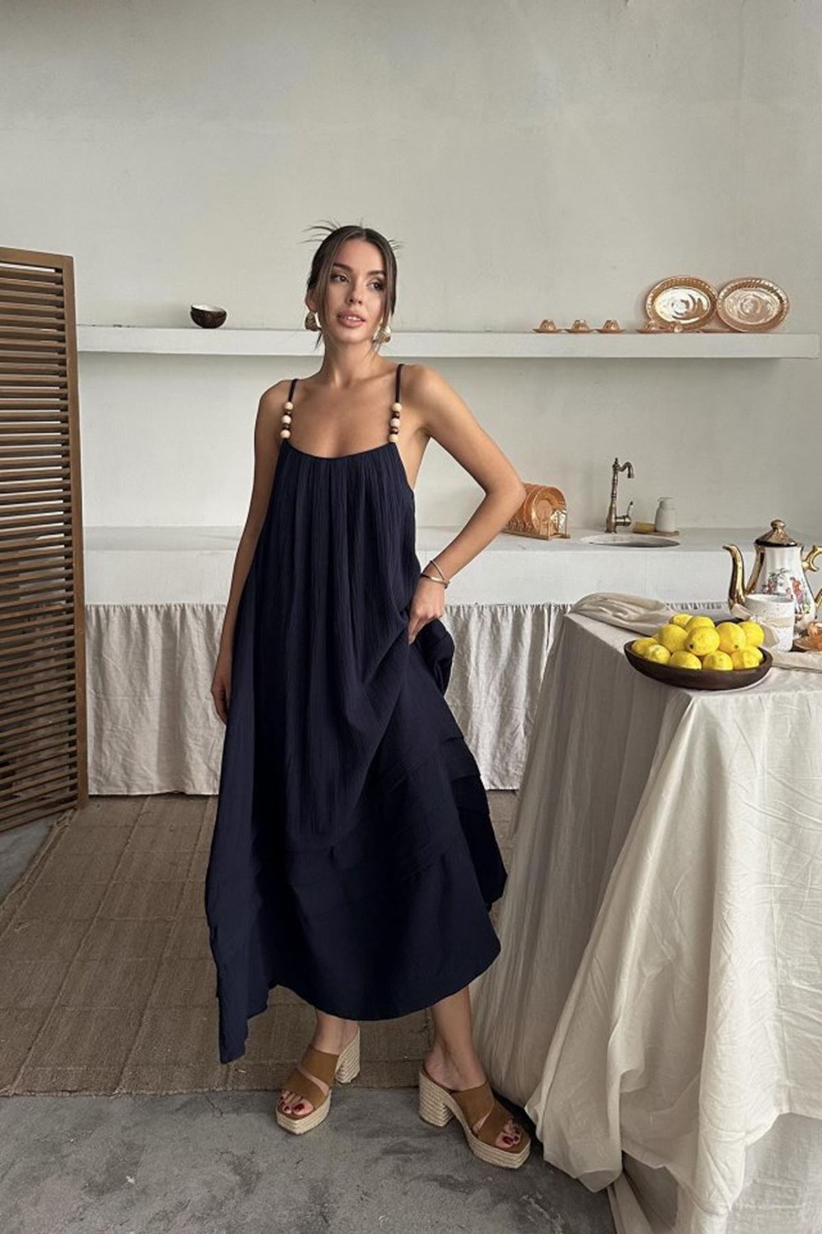Lacivert Askılı Müslin Elbise