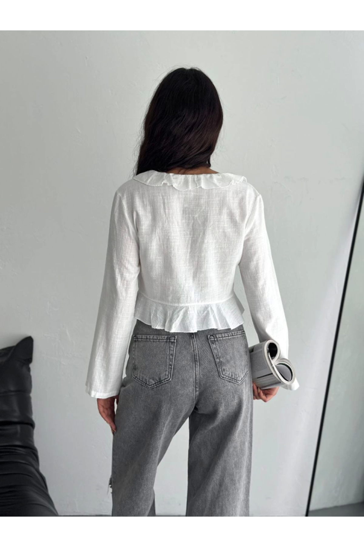 Keten Uzun Kol Bağacık Detaylı Bluz - Beyaz