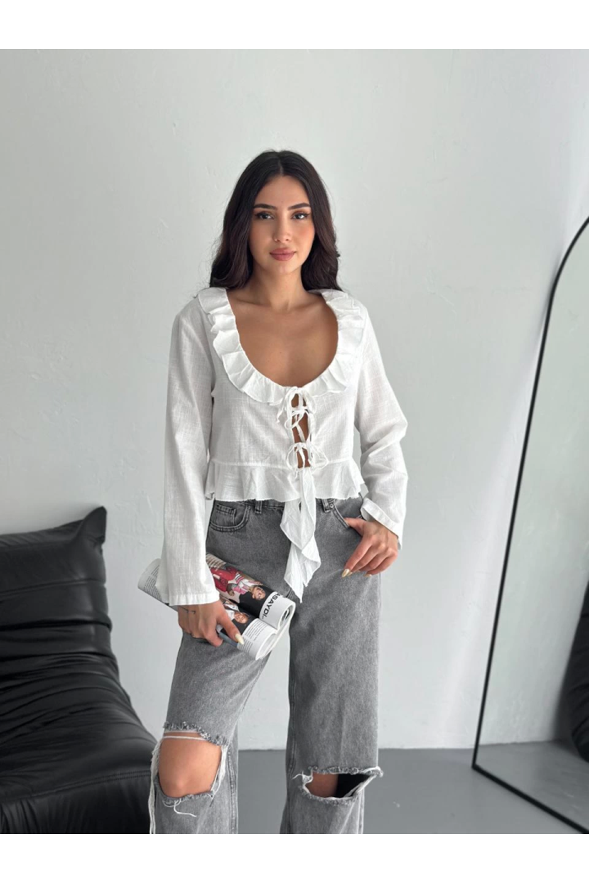 Keten Uzun Kol Bağacık Detaylı Bluz - Beyaz