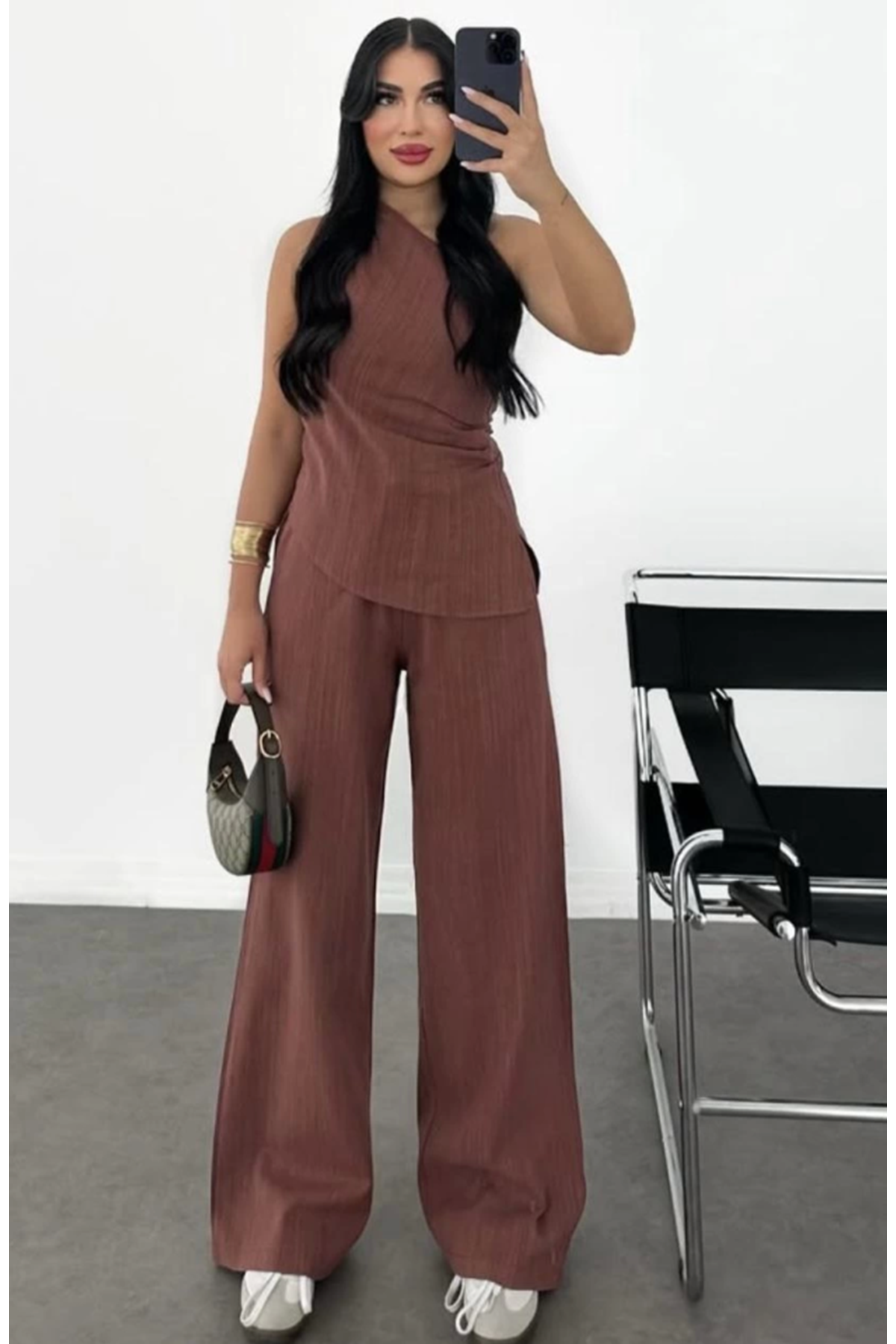 Keten Asimetrik Tek Omuzlu Bluz Pantalon Takım- Bordo