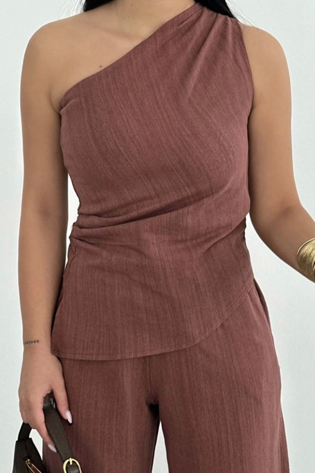 Keten Asimetrik Tek Omuzlu Bluz Pantalon Takım- Bordo