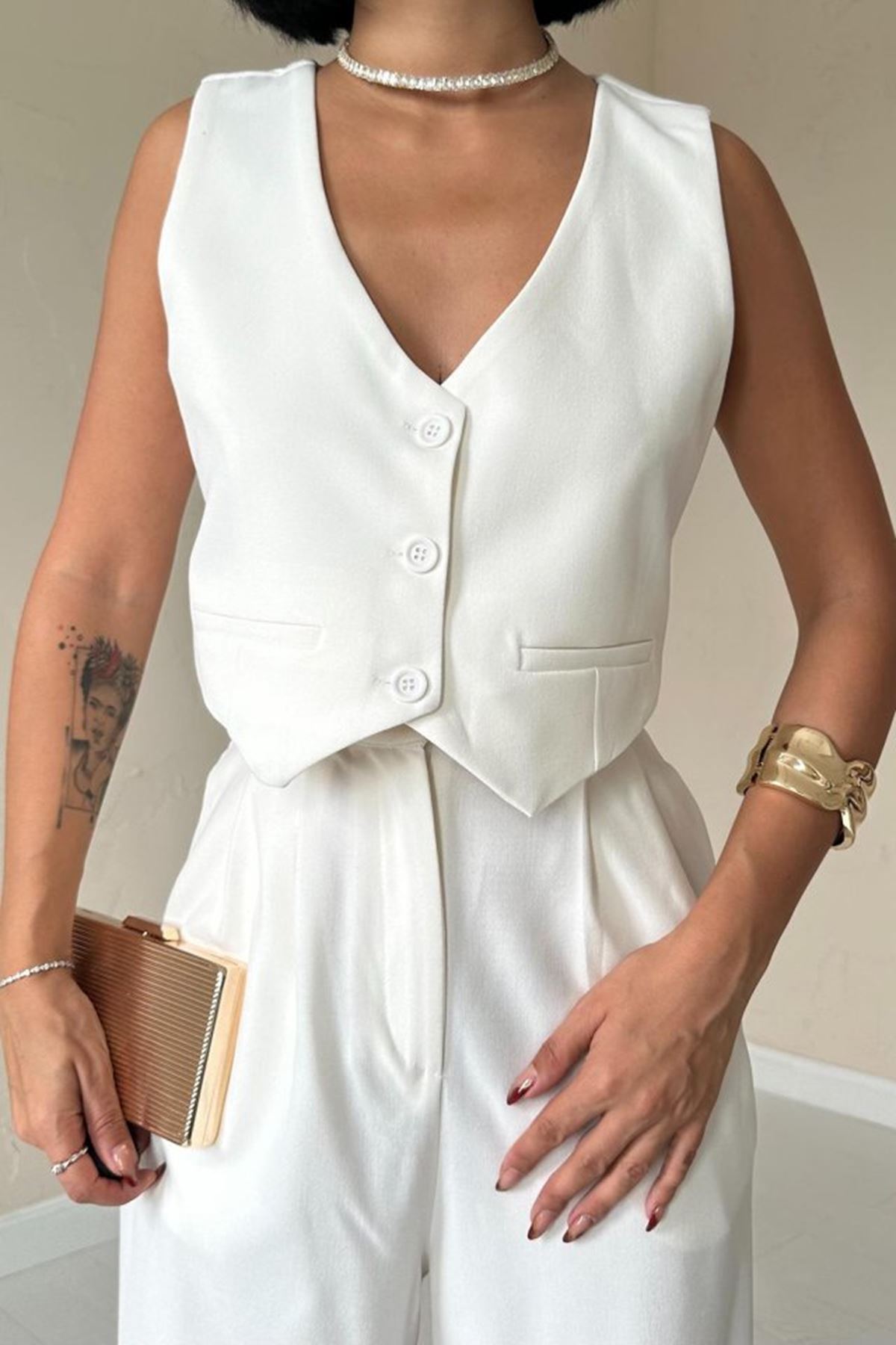 Ekru Klas Ceket Ve Yelek Ve Pantolon Takım