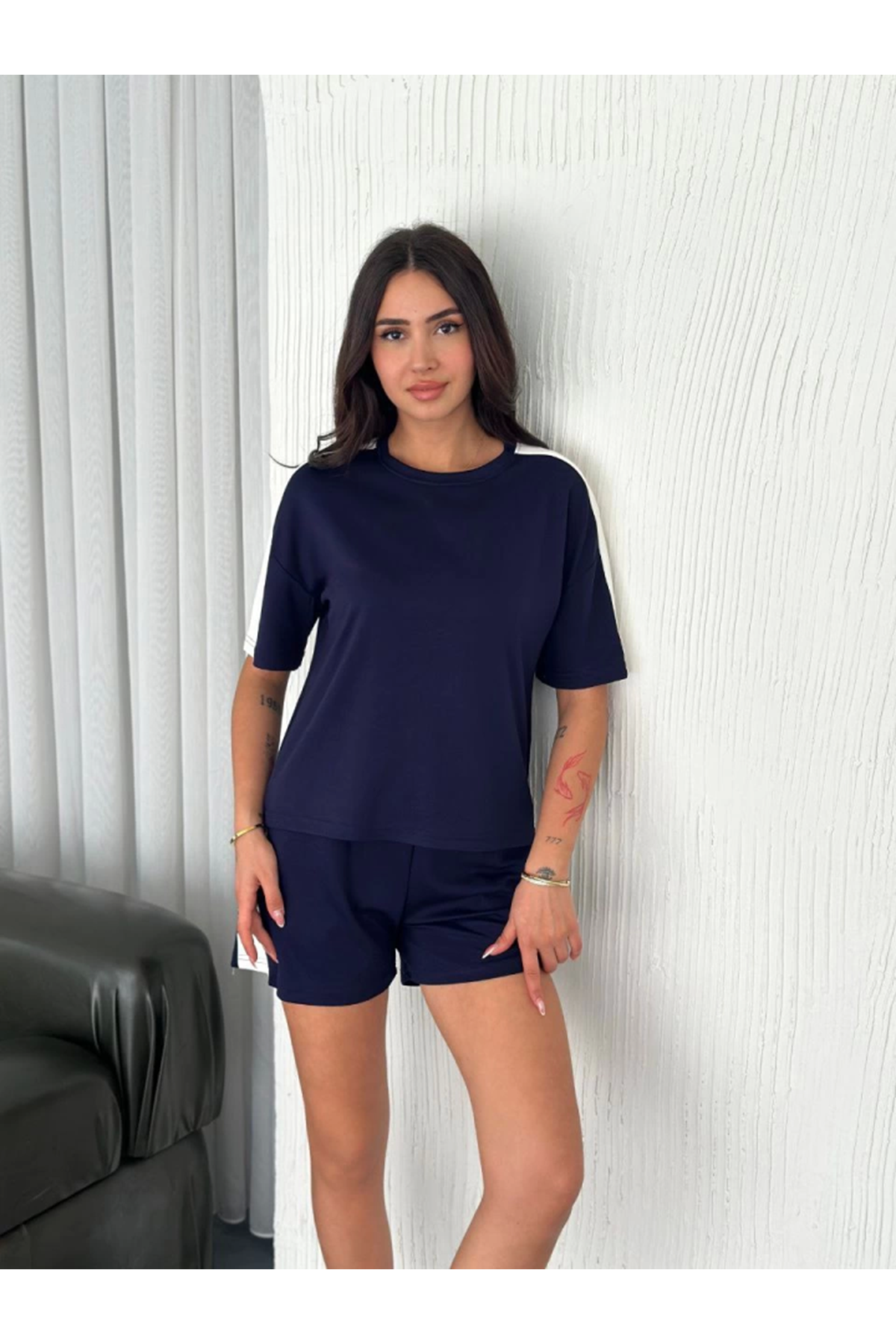 Osy Modal Yumuşak Dokulu Kumaş Parçalı Bisiklet Yaka T-shirt Kısa Şort İkili Takım - Mavi