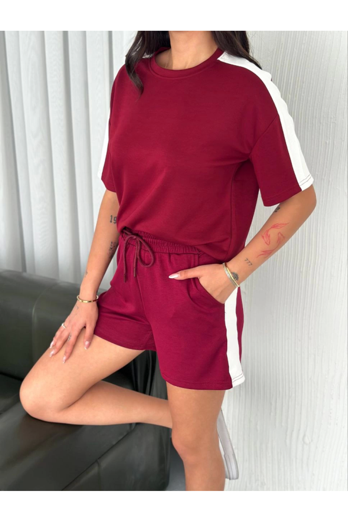 Osy Modal Yumuşak Dokulu Kumaş Parçalı Bisiklet Yaka T-shirt Kısa Şort İkili Takım -  Bordo