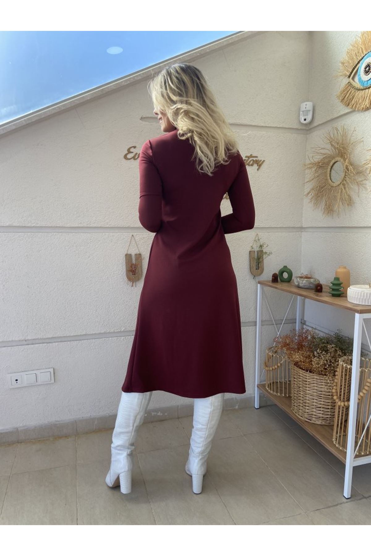 Kadın Uzun Kollu Balıkçı Yaka Derin Yırtmaç Detay Krep Elbise