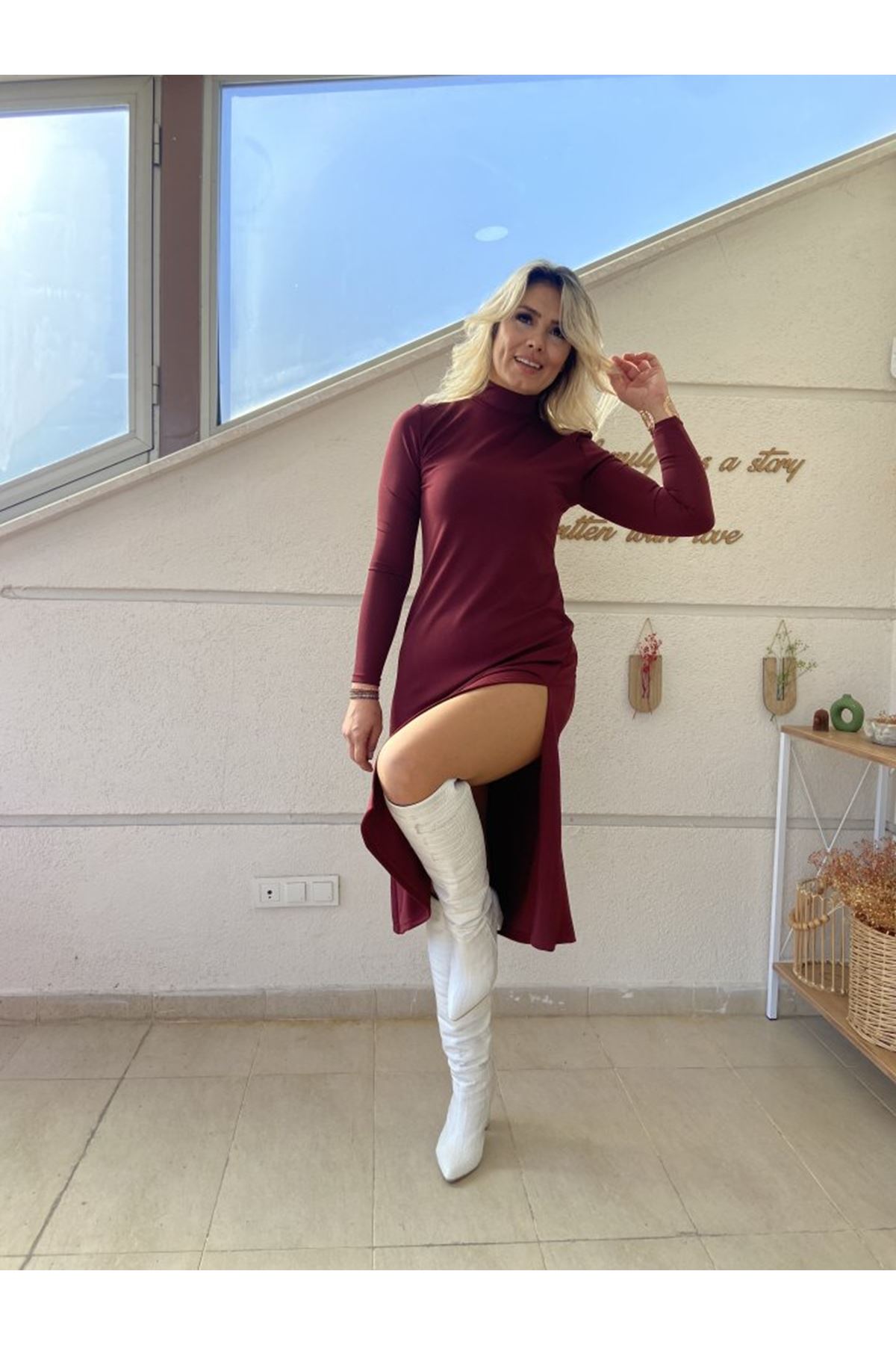 Kadın Uzun Kollu Balıkçı Yaka Derin Yırtmaç Detay Krep Elbise