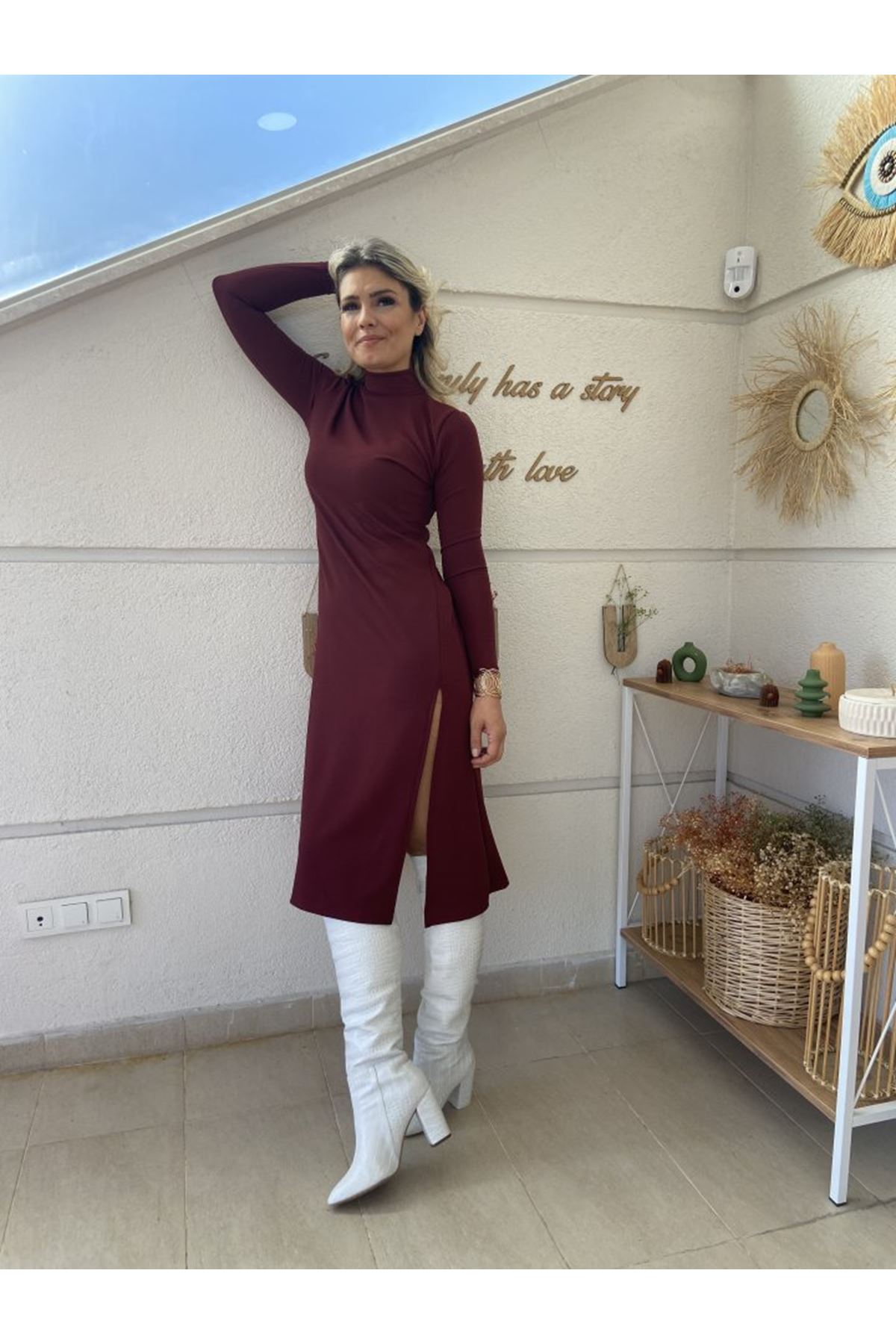 Kadın Uzun Kollu Balıkçı Yaka Derin Yırtmaç Detay Krep Elbise