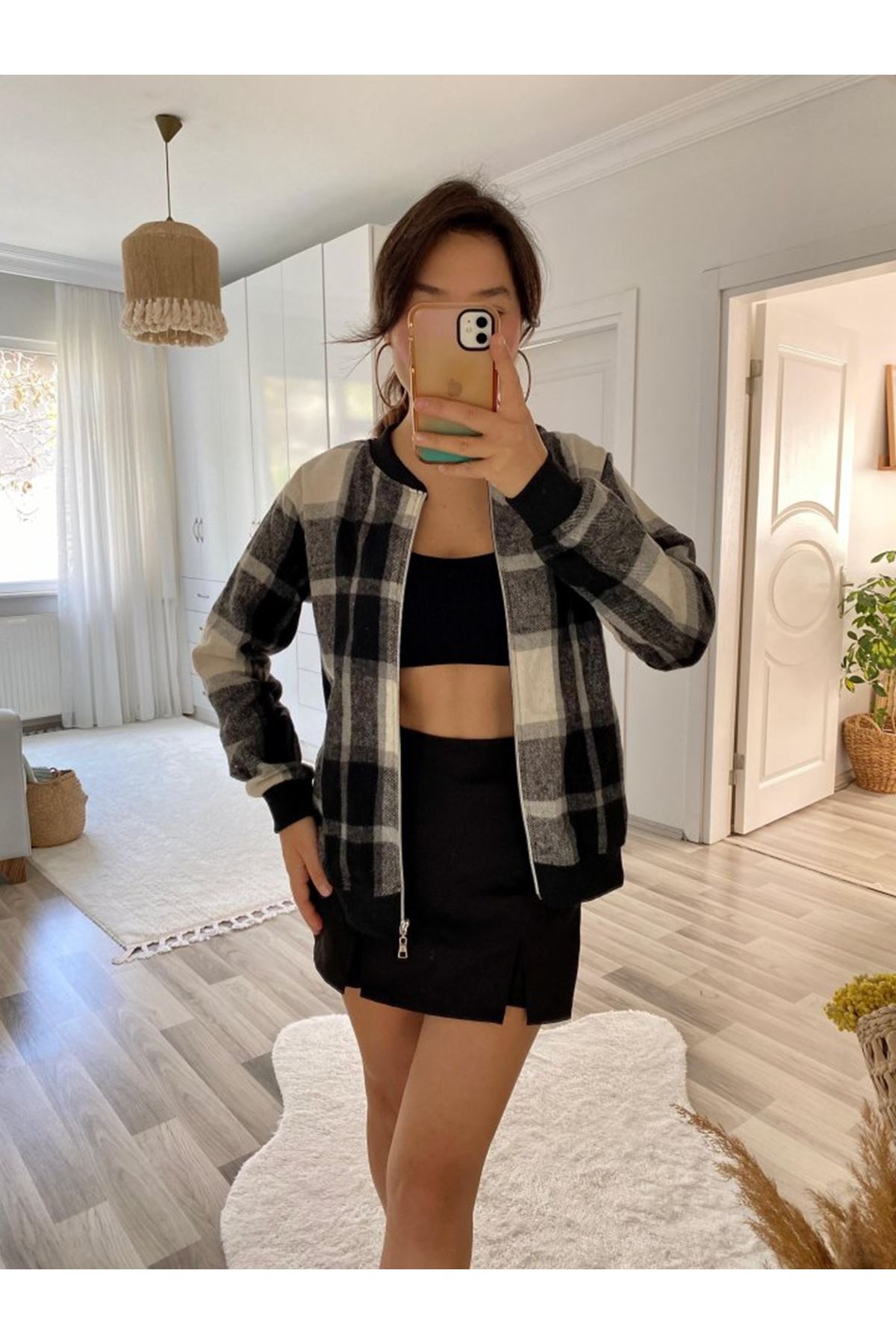 Kadın Uzun Kollu önden Fermuarlı Ekose Desenli Ceket