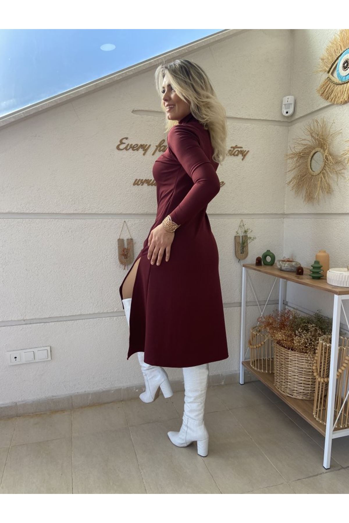 Kadın Uzun Kollu Balıkçı Yaka Derin Yırtmaç Detay Krep Elbise