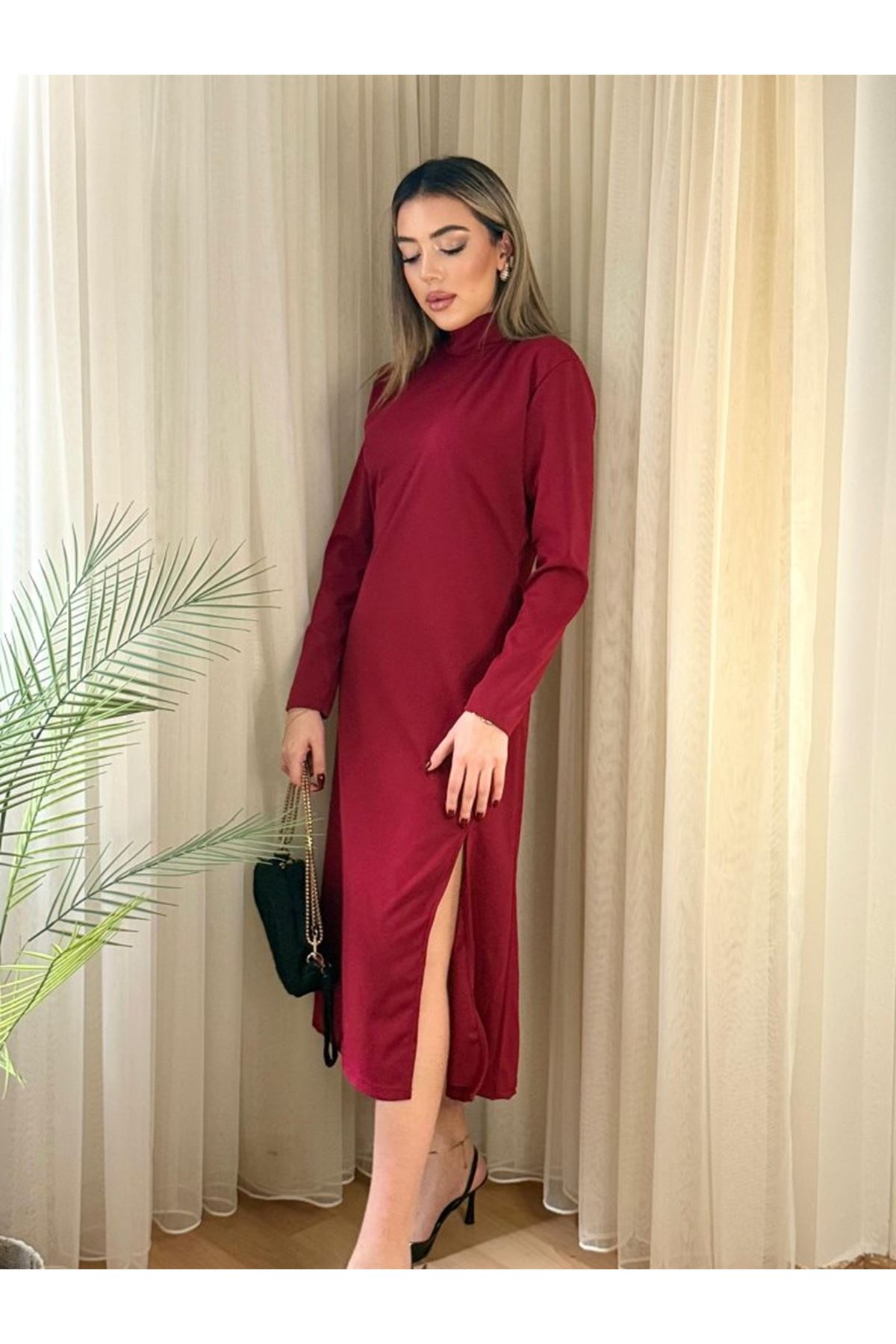 Kadın Uzun Kollu Balıkçı Yaka Derin Yırtmaç Detay Krep Elbise