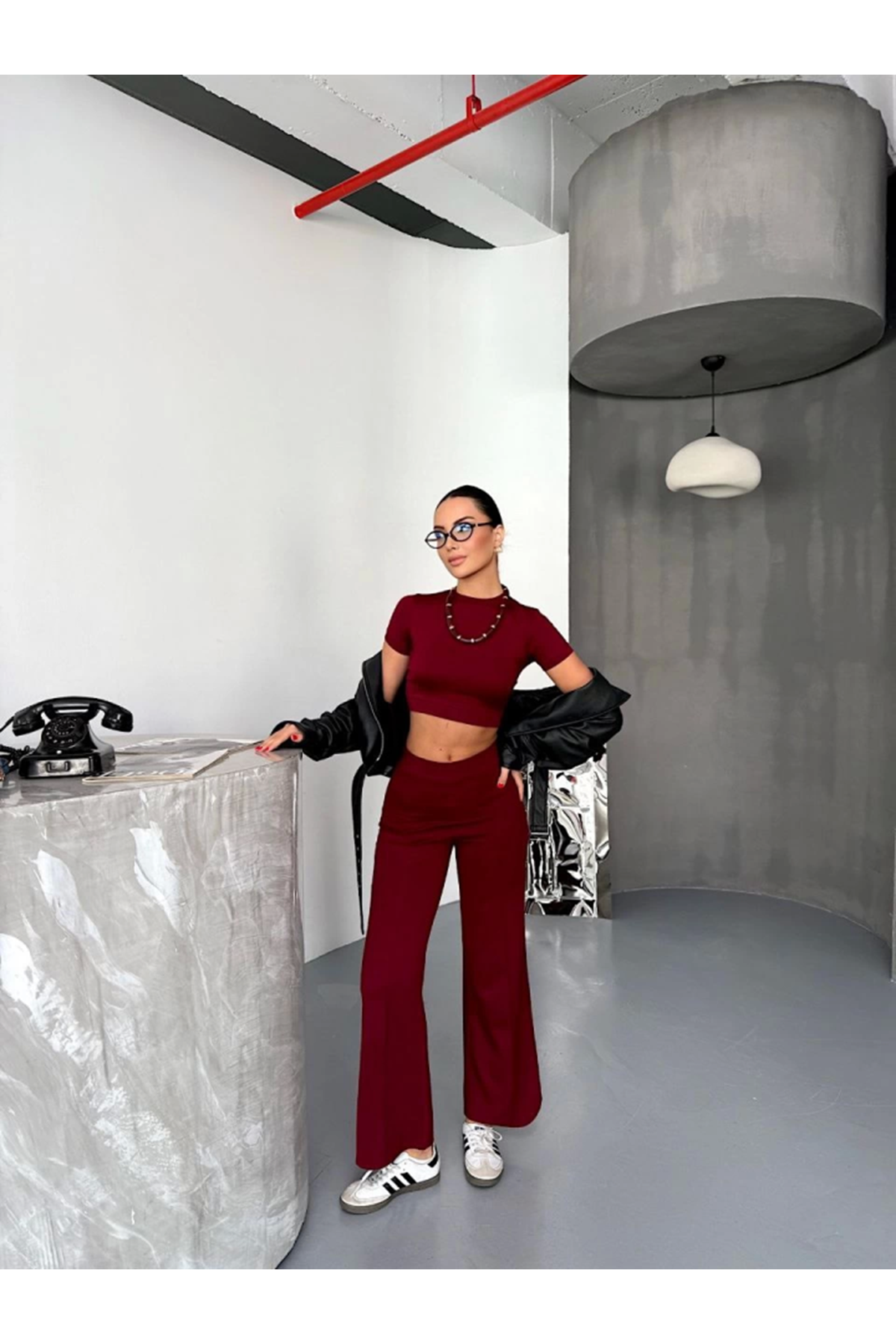 Osy Modal Yumuşak Dokulu Kumaş Kısa Kollu Crop Alt Ispanyol Paça Pantalon Ikili Takım - Bordo