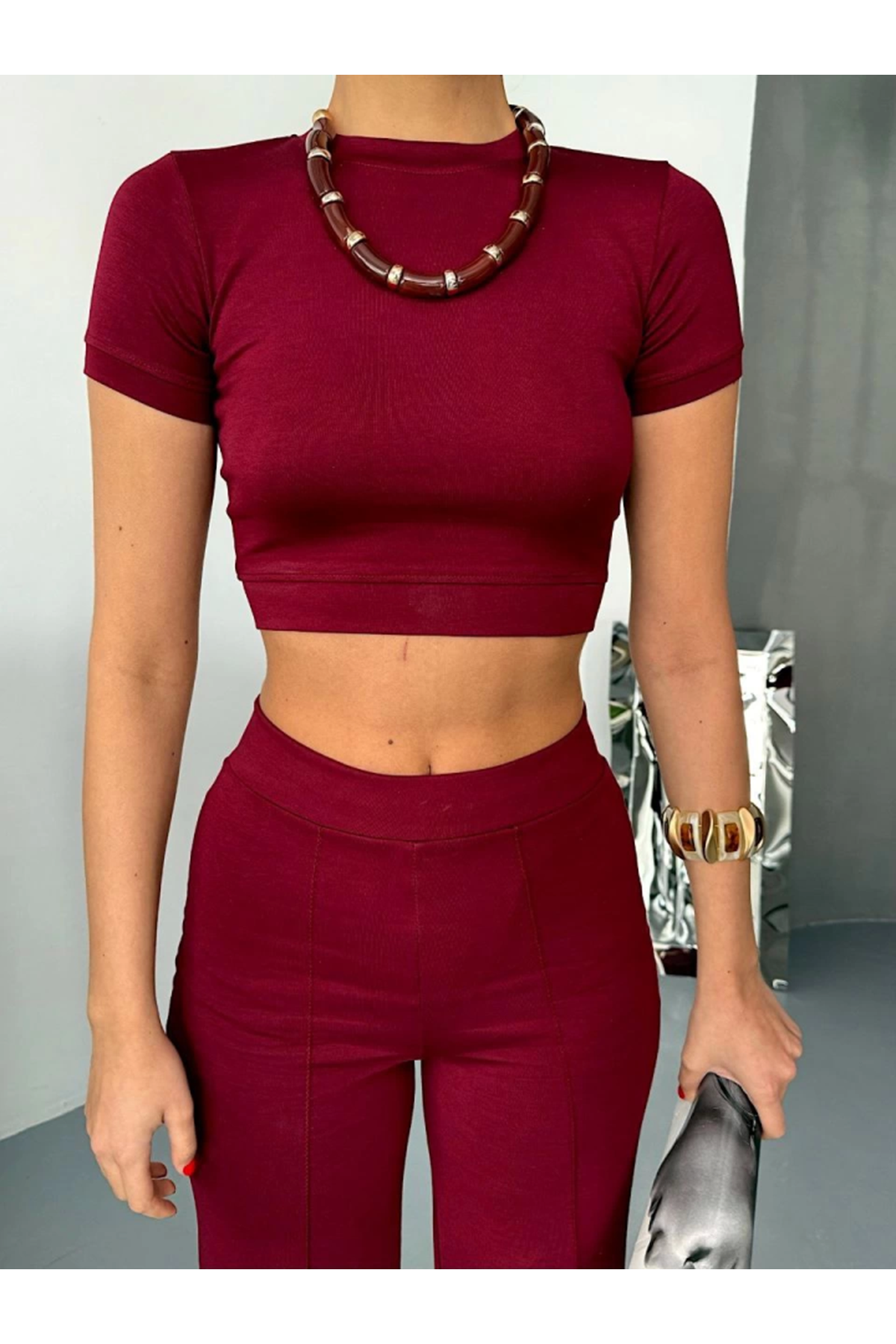 Osy Modal Yumuşak Dokulu Kumaş Kısa Kollu Crop Alt Ispanyol Paça Pantalon Ikili Takım - Bordo