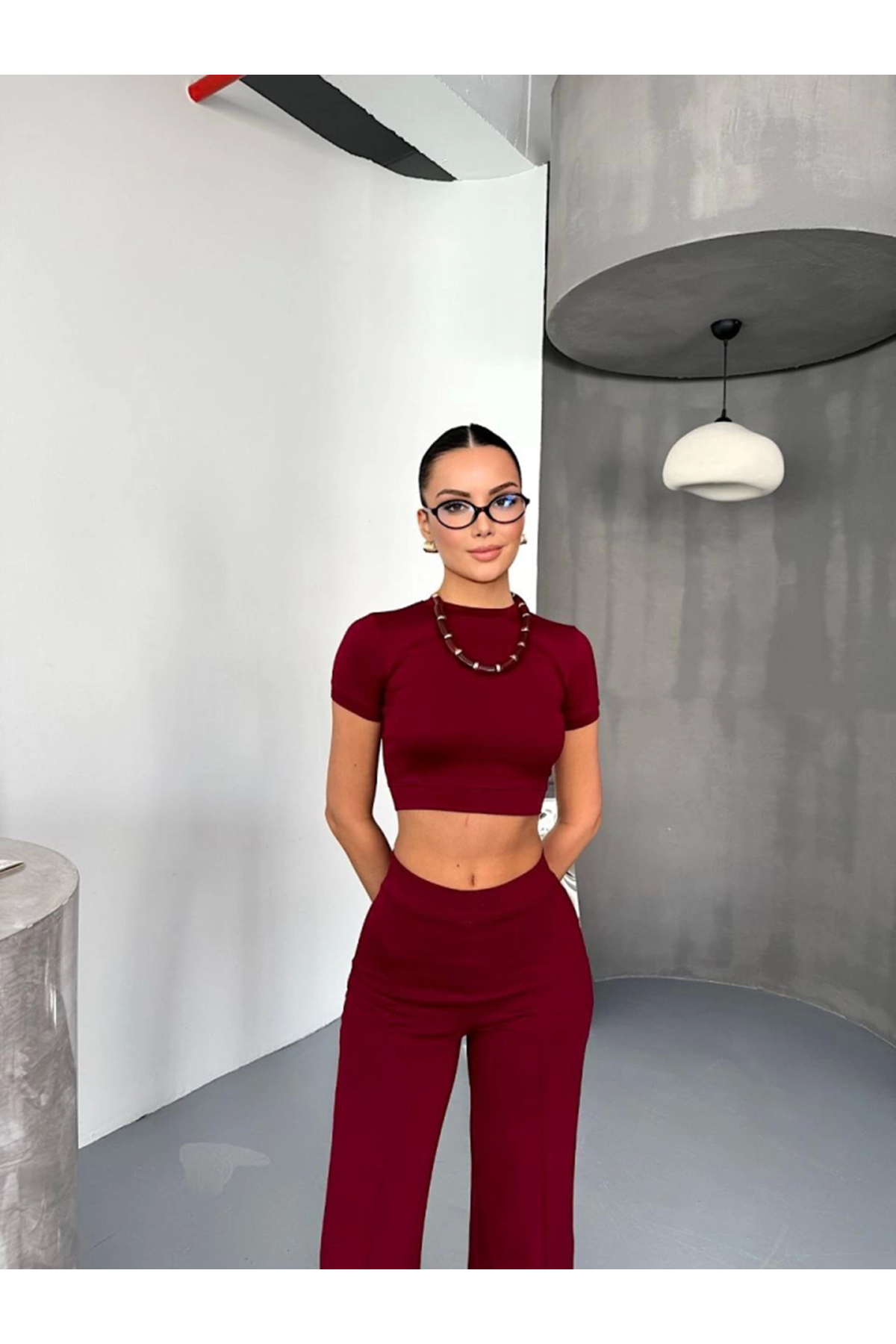 Osy Modal Yumuşak Dokulu Kumaş Kısa Kollu Crop Alt Ispanyol Paça Pantalon Ikili Takım - Bordo