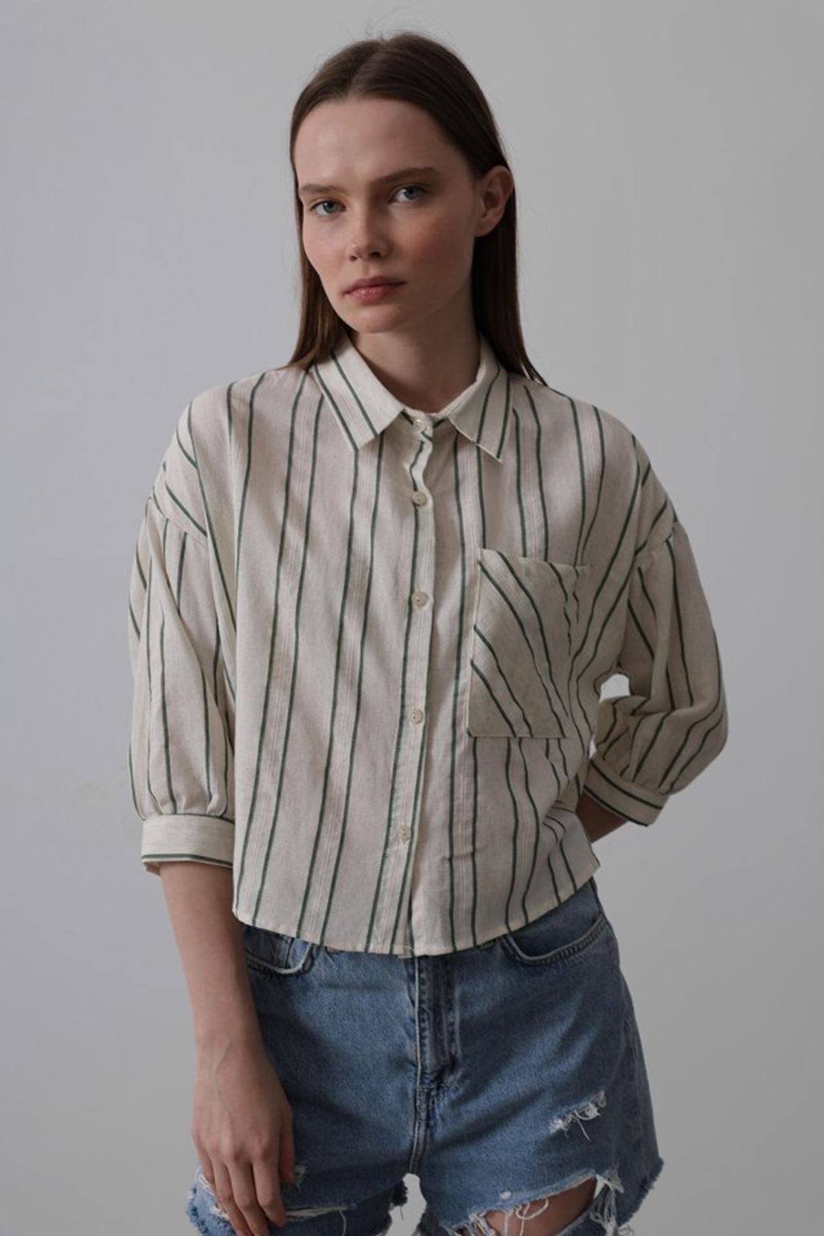 Çizgili Kısa Gömlek - Bej-Yeşil