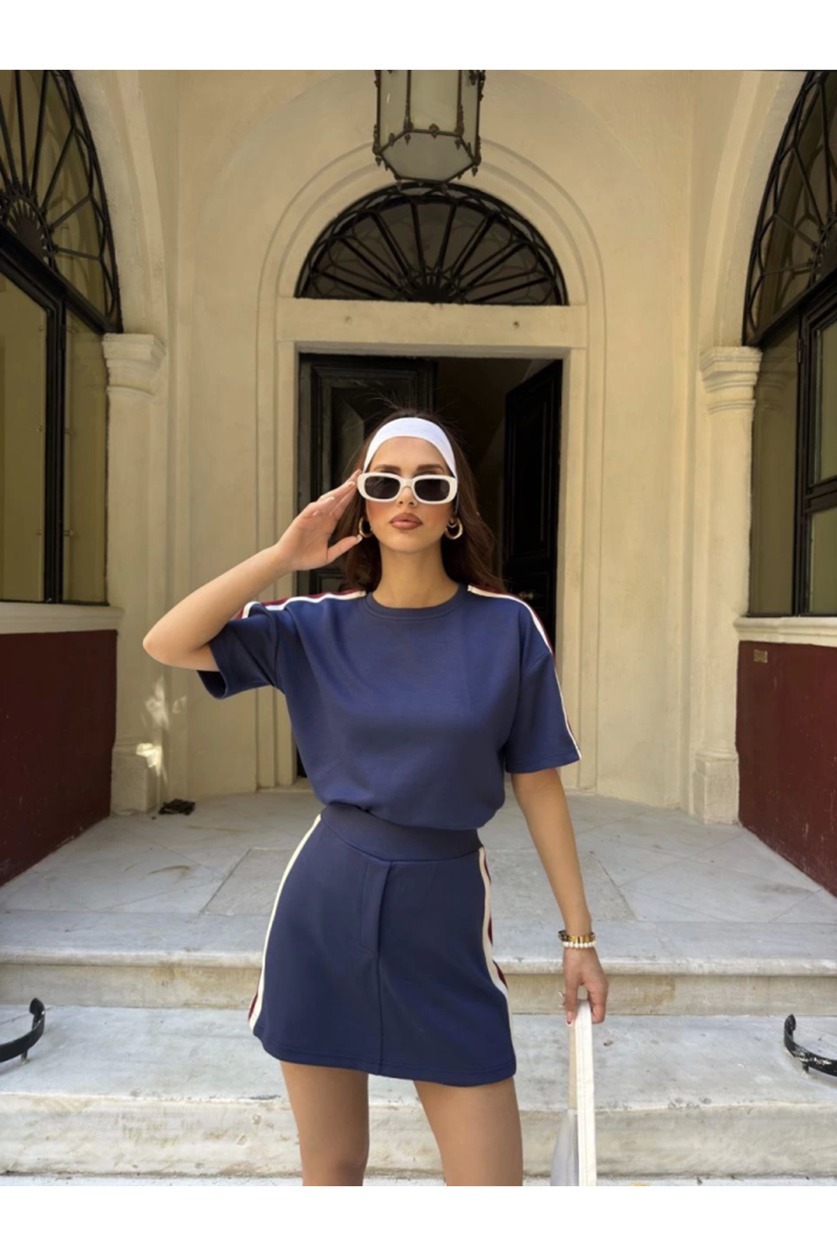 Osy Modal Yumuşak Dokulu Kumaş Parçalı Bisiklet Yaka T-shirt Mini Şortlu Etek İkili Takım -Lacivert