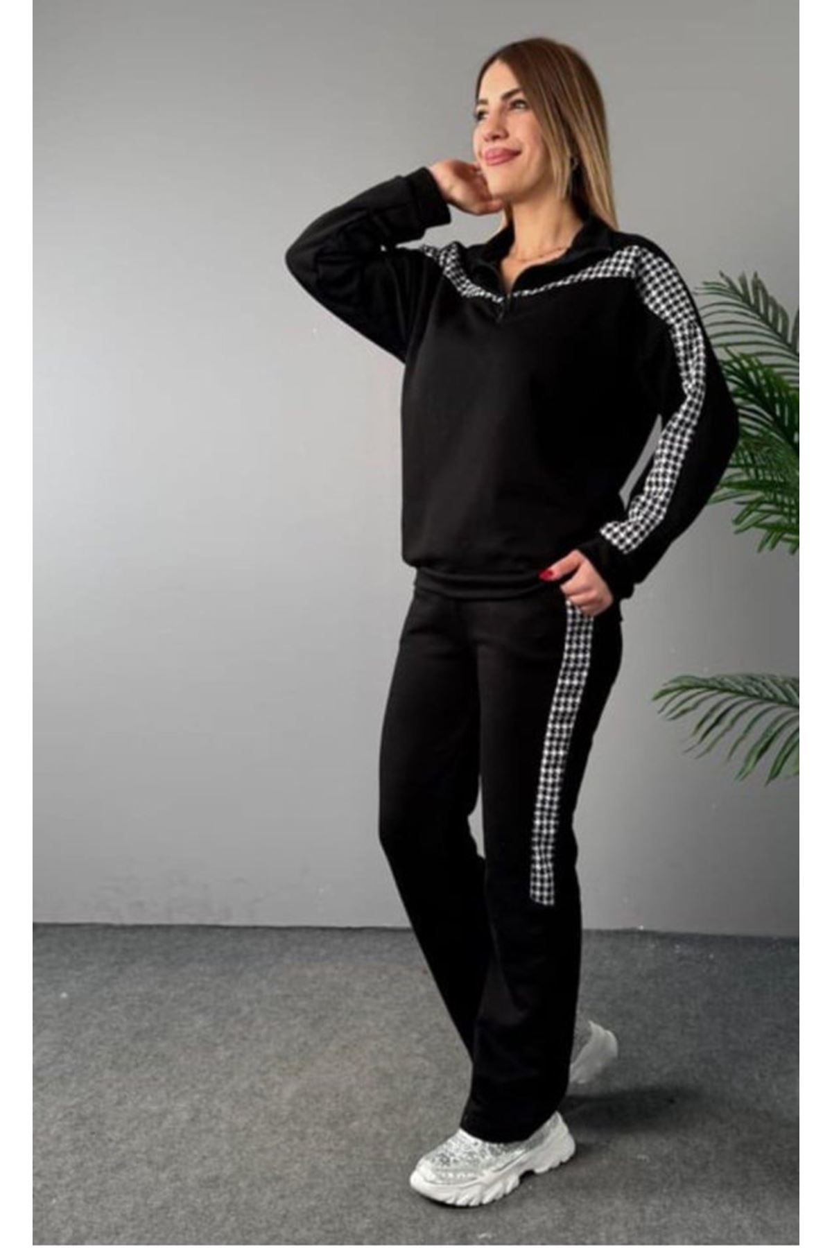 Kadın Fermuar Ve Ekose Detay Sweatshirt Ve Pantolon üç Iplik Kumaş Ikili Takım