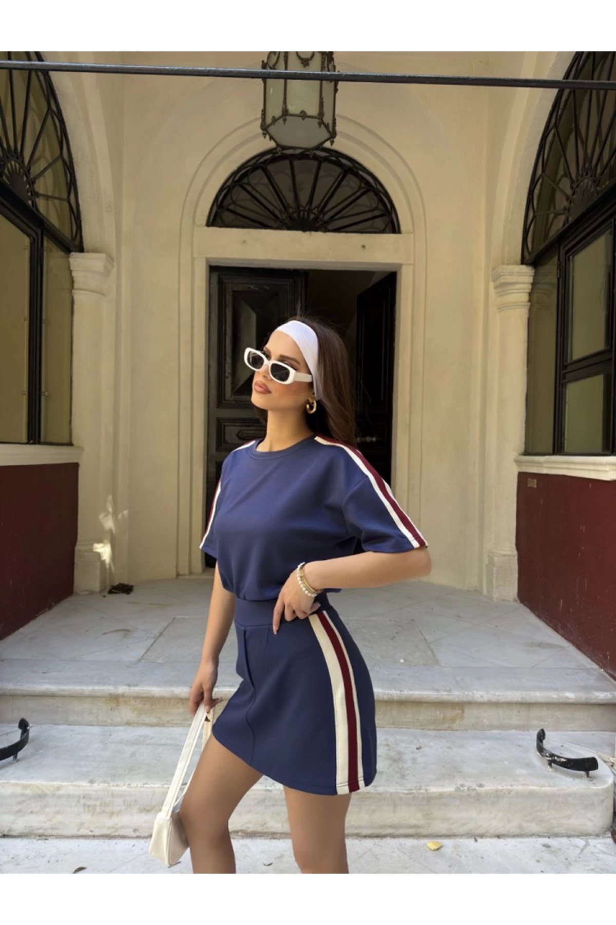 Osy Modal Yumuşak Dokulu Kumaş Parçalı Bisiklet Yaka T-shirt Mini Şortlu Etek İkili Takım -Lacivert