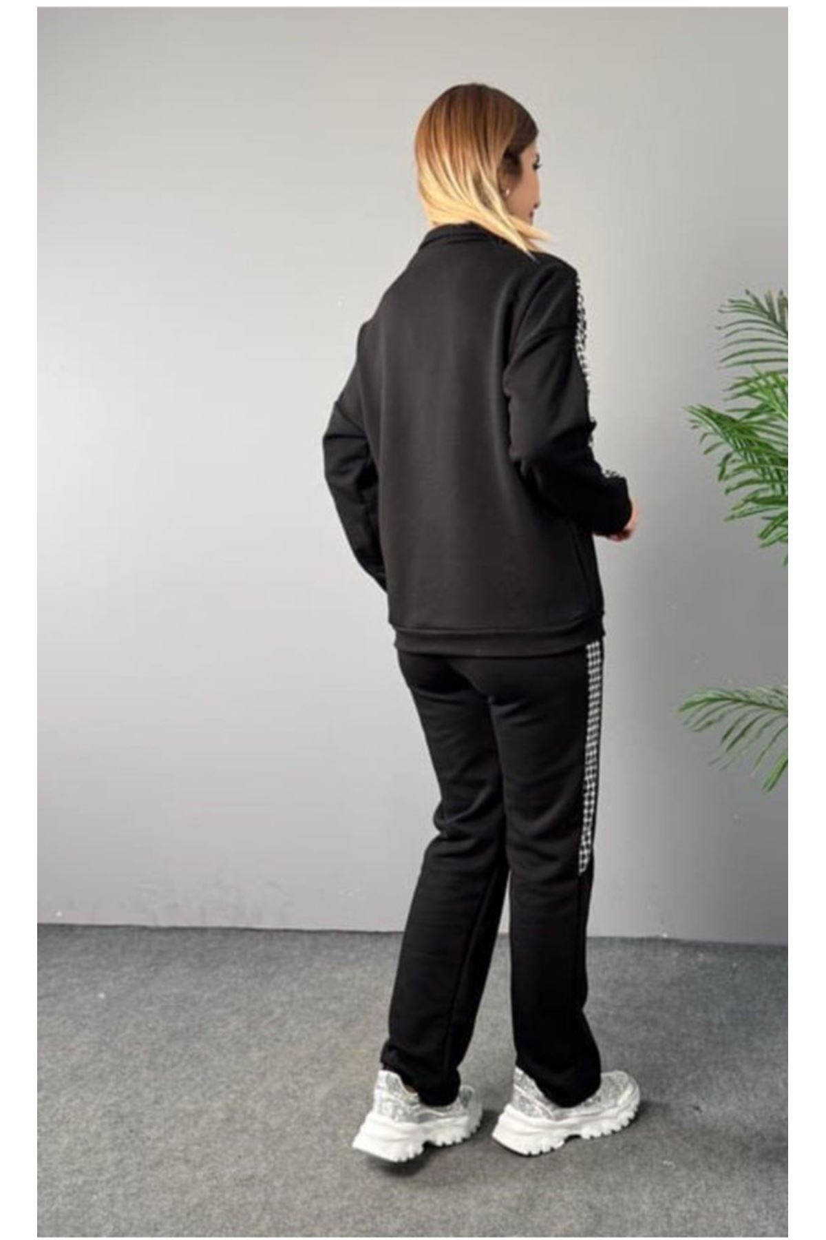 Kadın Fermuar Ve Ekose Detay Sweatshirt Ve Pantolon üç Iplik Kumaş Ikili Takım