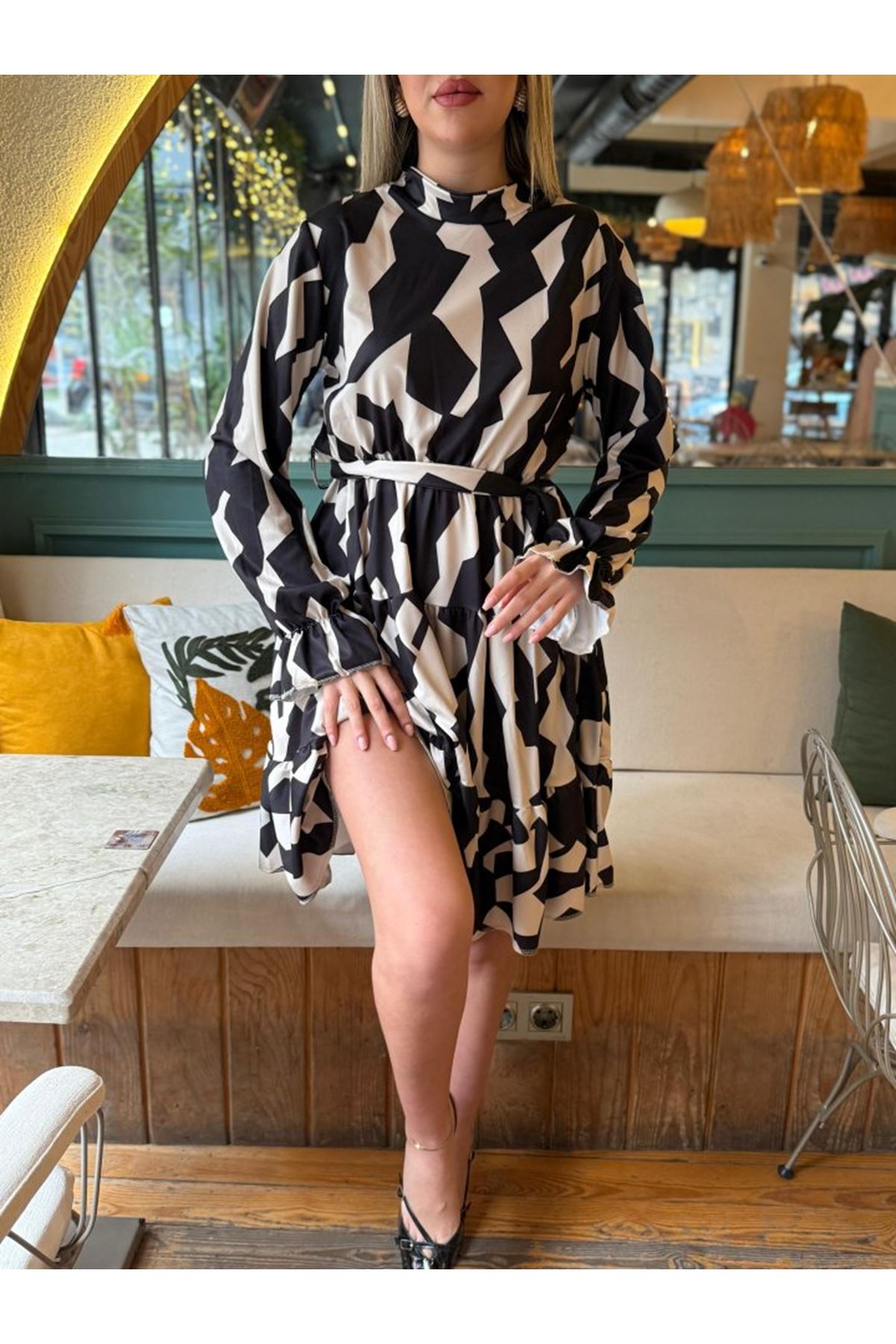 Kadın Uzun Kollu Yarı Balıkçı Yaka Geometrik Desen Kısa şardonlu Dalgıç Elbise