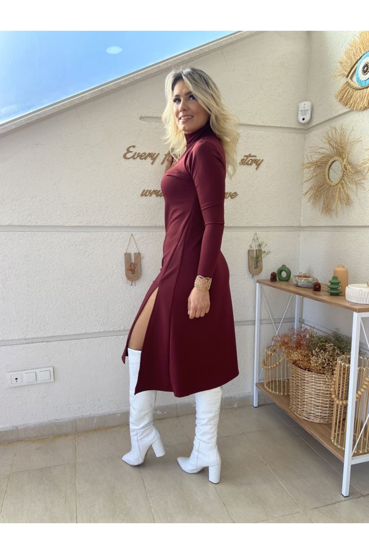 Kadın Uzun Kollu Balıkçı Yaka Derin Yırtmaç Detay Krep Elbise