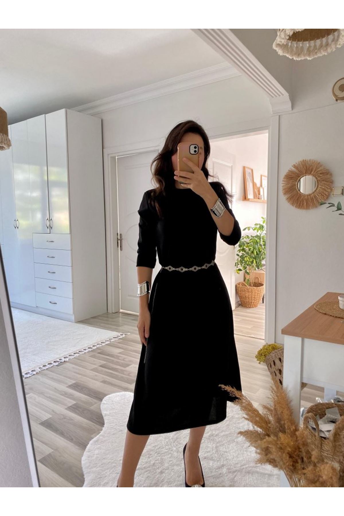 Kadın Uzun Kollu Bisiklet Yaka Midi Ithal Krep Elbise