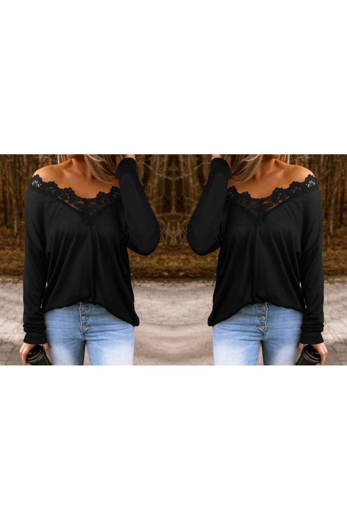 Kadın Uzun Kollu Yaka Güpür Detay Viskon Bluz