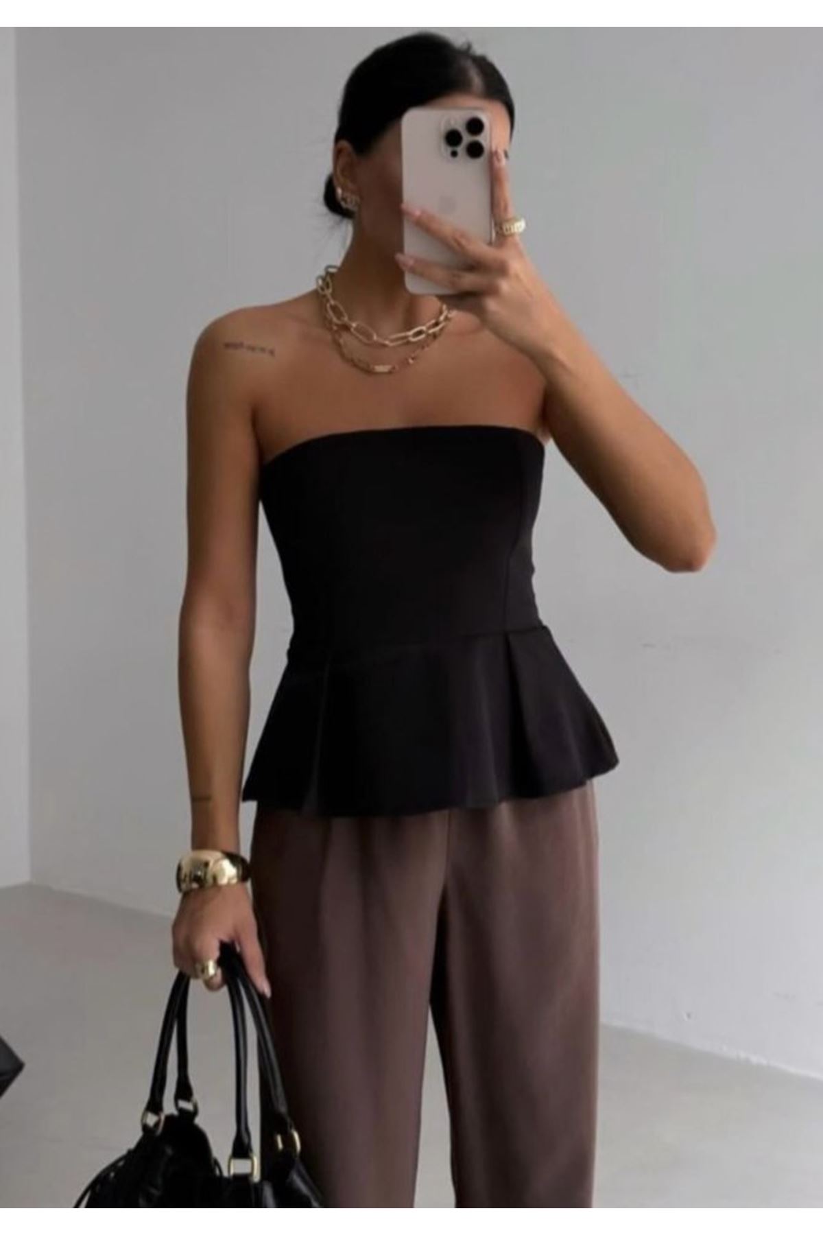 Pileli Straplez Bluz