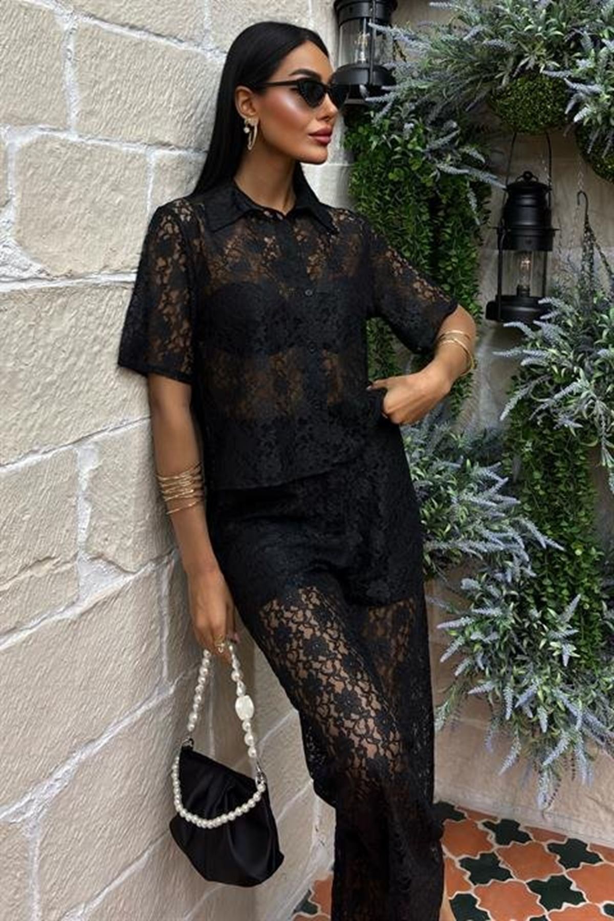 Pantolonu Astarlı Dantel İkili Takım 10119