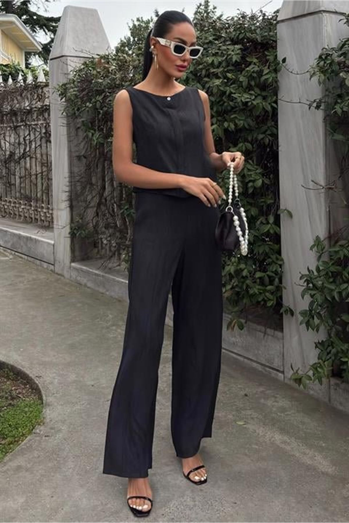 Sıfır Kollu Bluz Batik Desenli Pantolon İkili Takım 10181-08