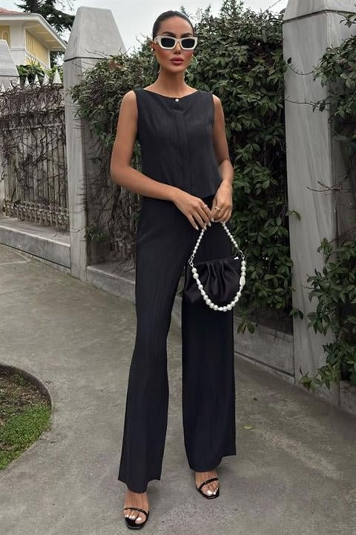 Sıfır Kollu Bluz Batik Desenli Pantolon İkili Takım 10181-08