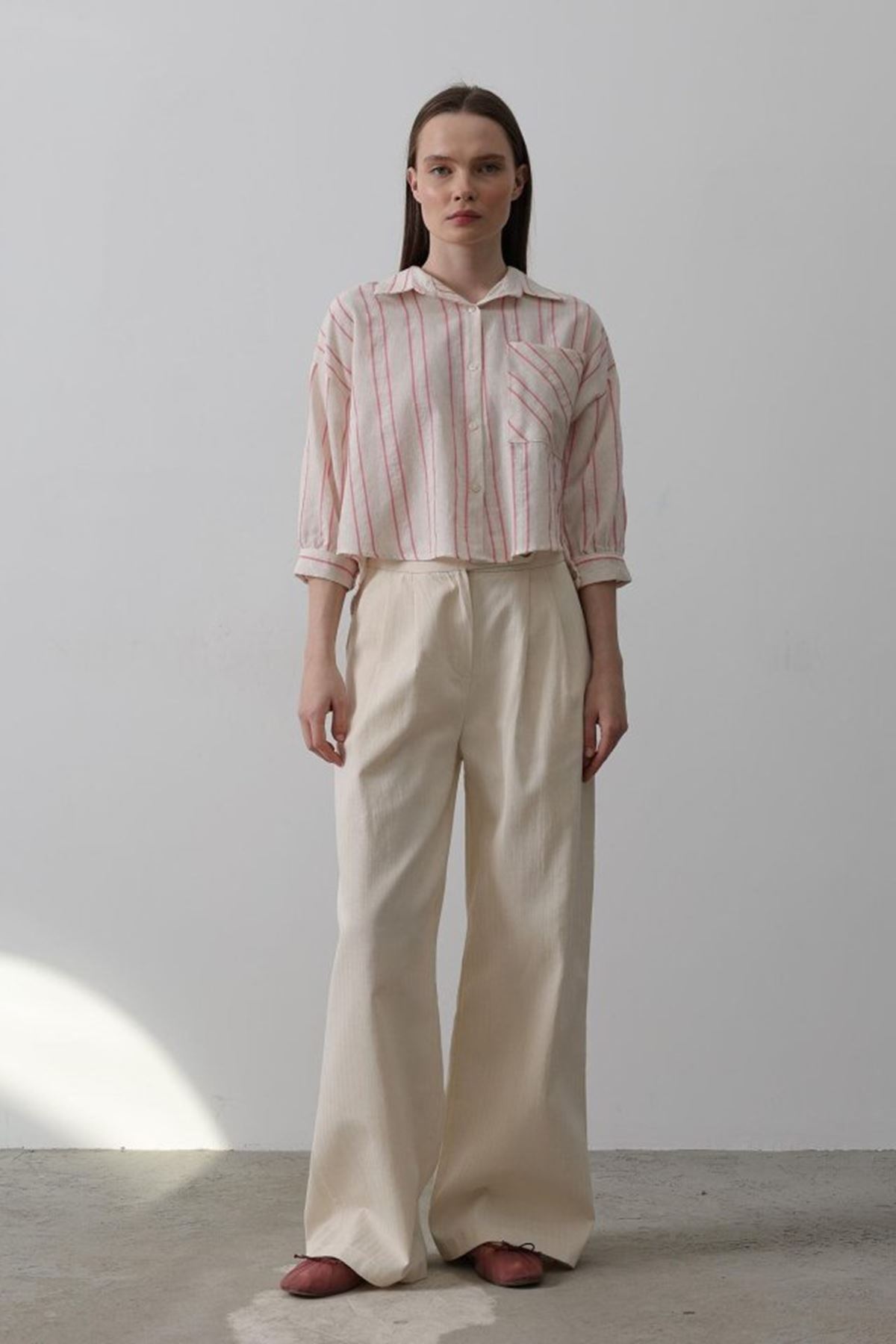 Çift Pileli Palazzo Pantolon - Natür