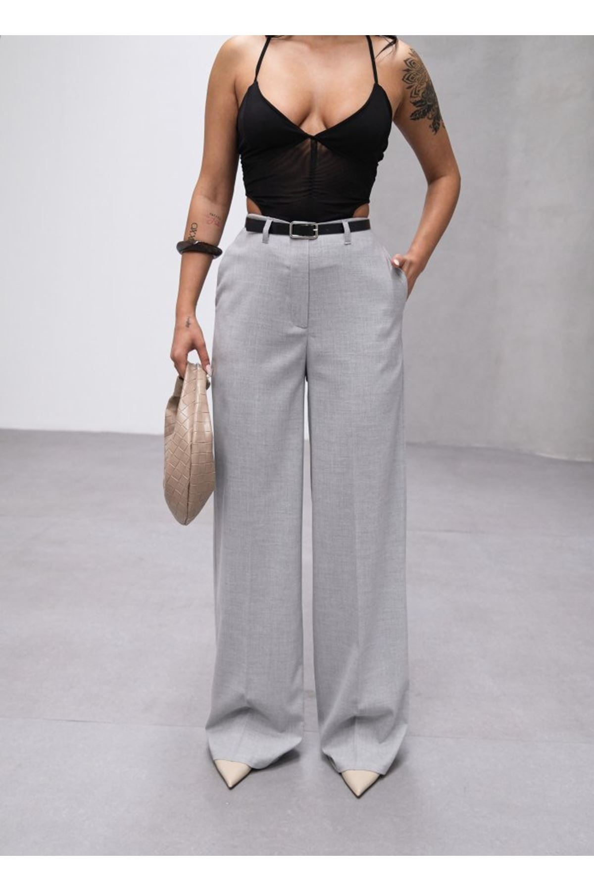 Poly Viscose Yüksek Bel Kemerli̇ Ve Dökümlü Palazzo Pantolon (Kemer Dahi̇l)
