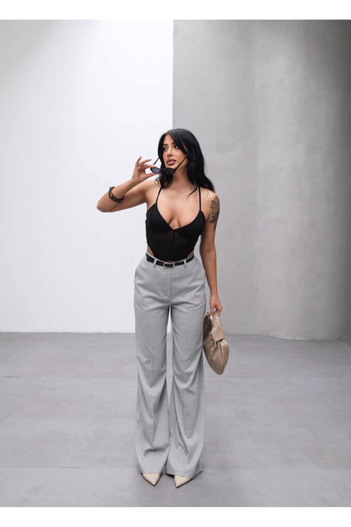 Poly Viscose Yüksek Bel Kemerli̇ Ve Dökümlü Palazzo Pantolon (Kemer Dahi̇l)