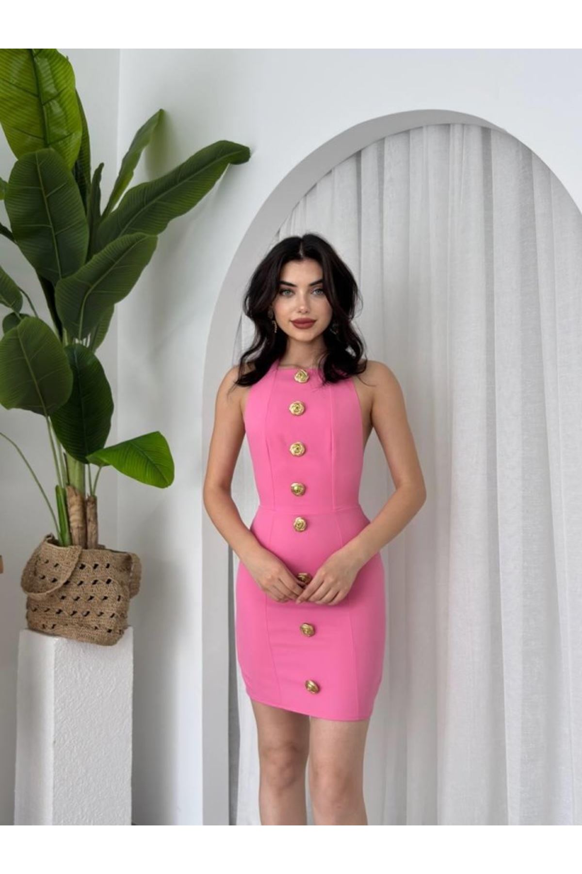 Katalina Gül Düğmeli Elbise