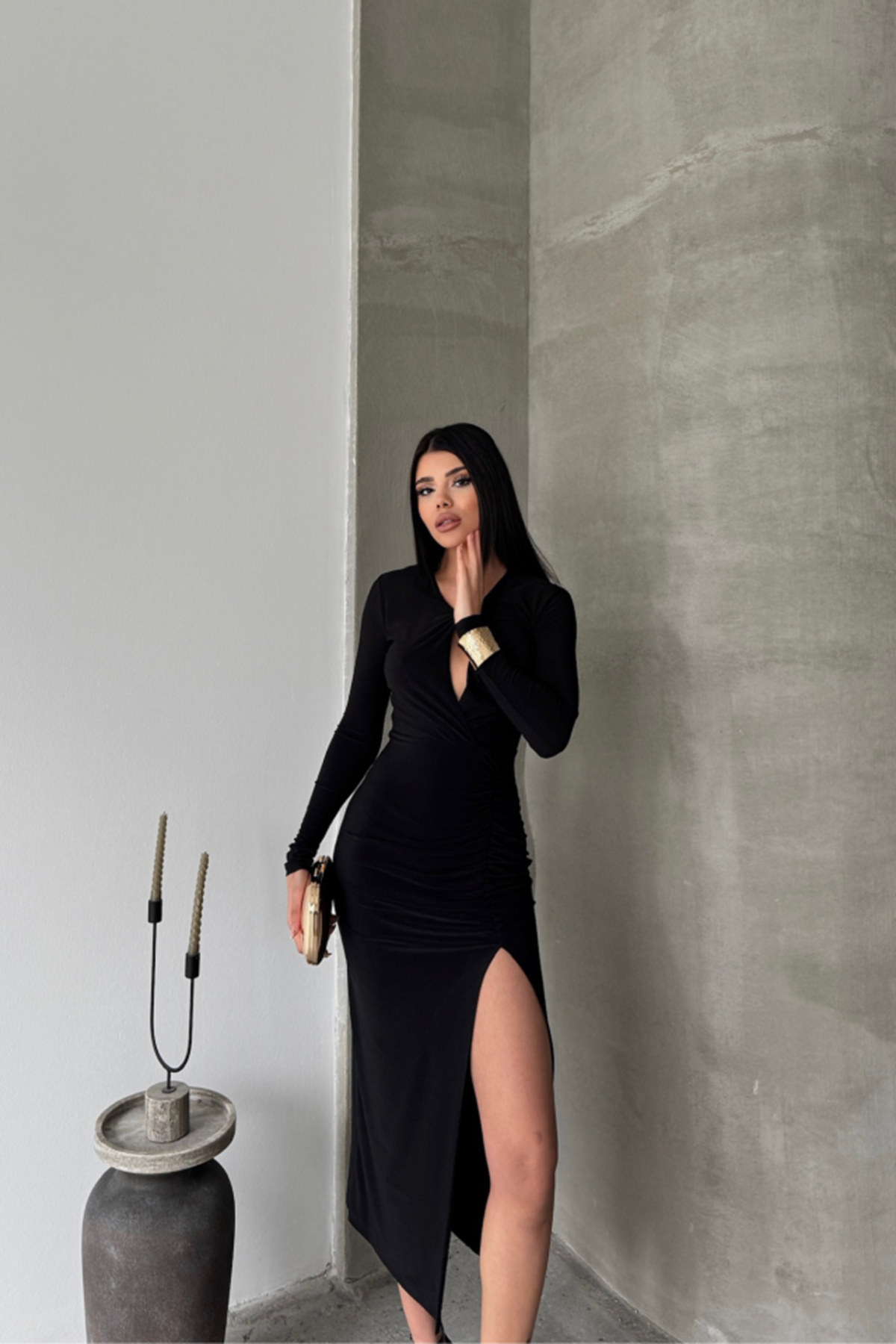 SANDY ELBİSE BÜZGÜ DETAYLI - Siyah