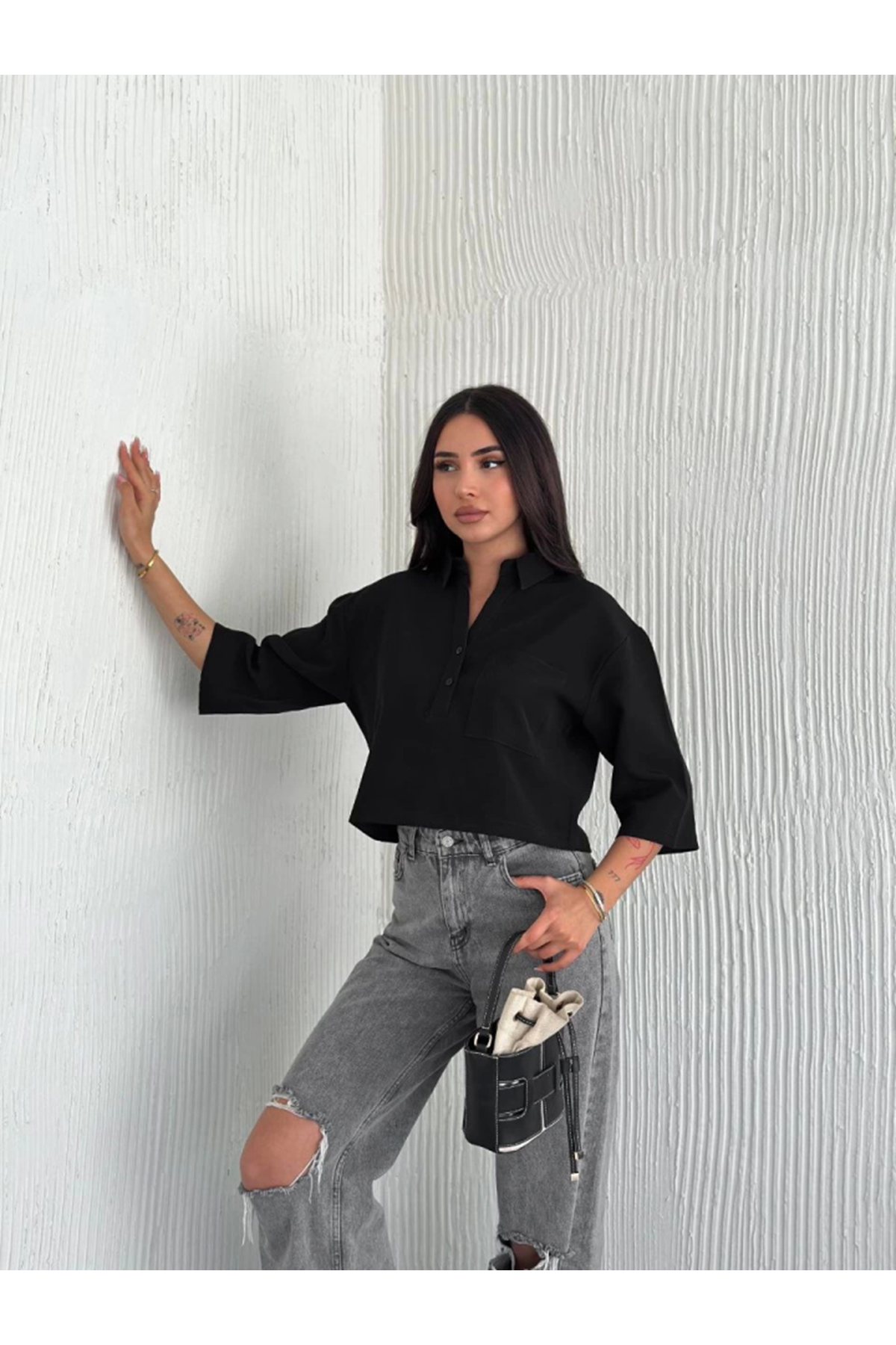 Crop Yakalı Gömlek Üç Çeyrek Sleeve Kol - Siyah